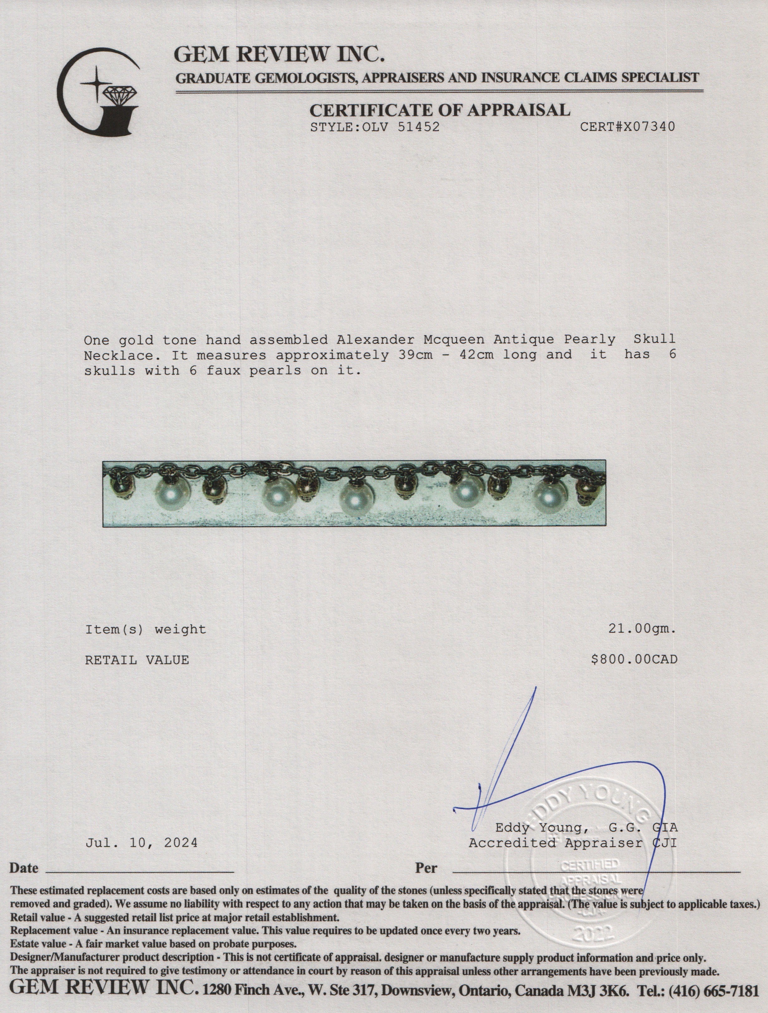 Alexander Mcqueen Antique Gold Tone Pearly Skull Necklace w/ Box