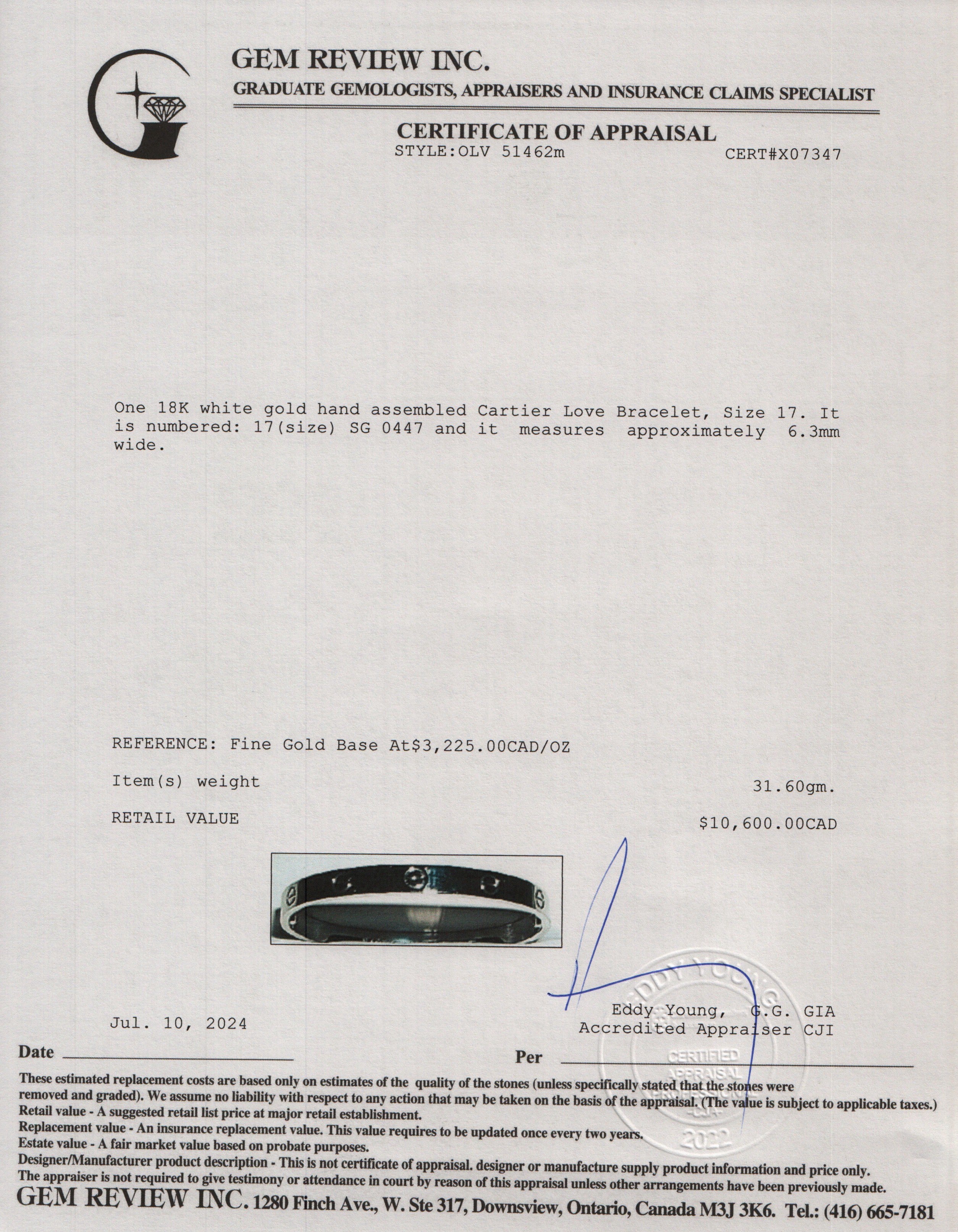 Cartier 18k White Gold Love Bracelet, Size 17