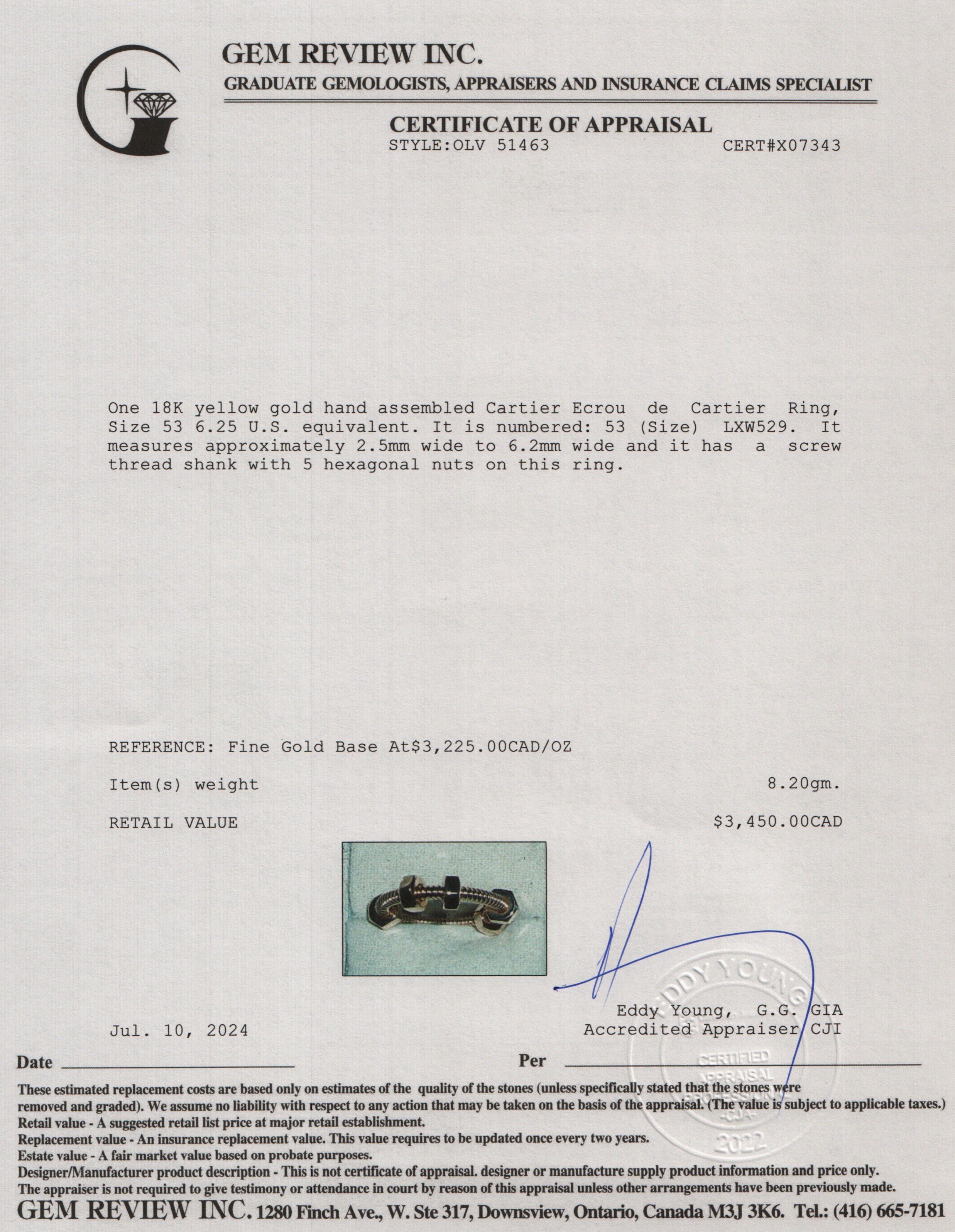 Cartier 18k Yellow Gold Ecrou de Cartier Ring, Size 53 6.25