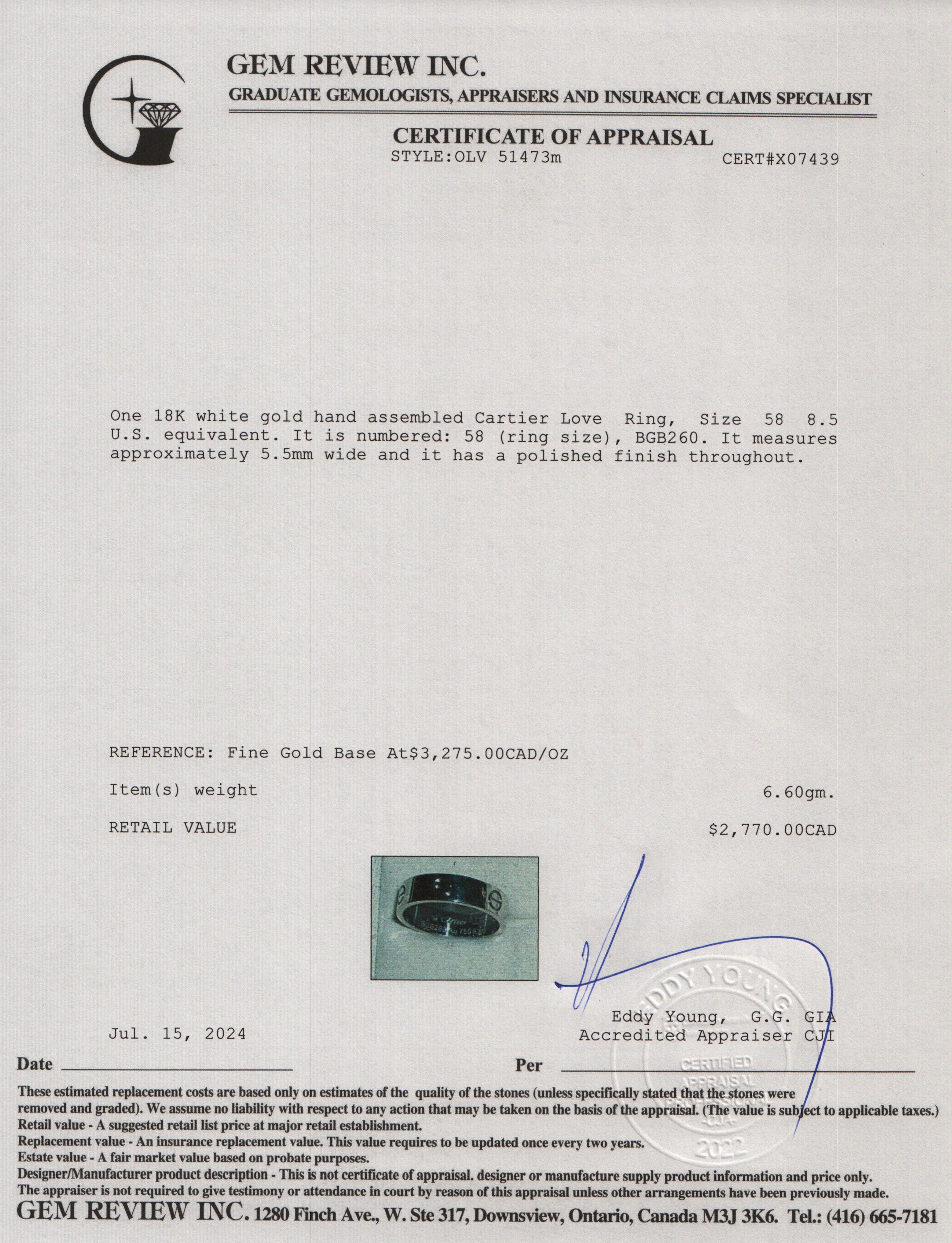 Cartier 18k White Gold 5.5MM Love Ring, Size 58 8.5