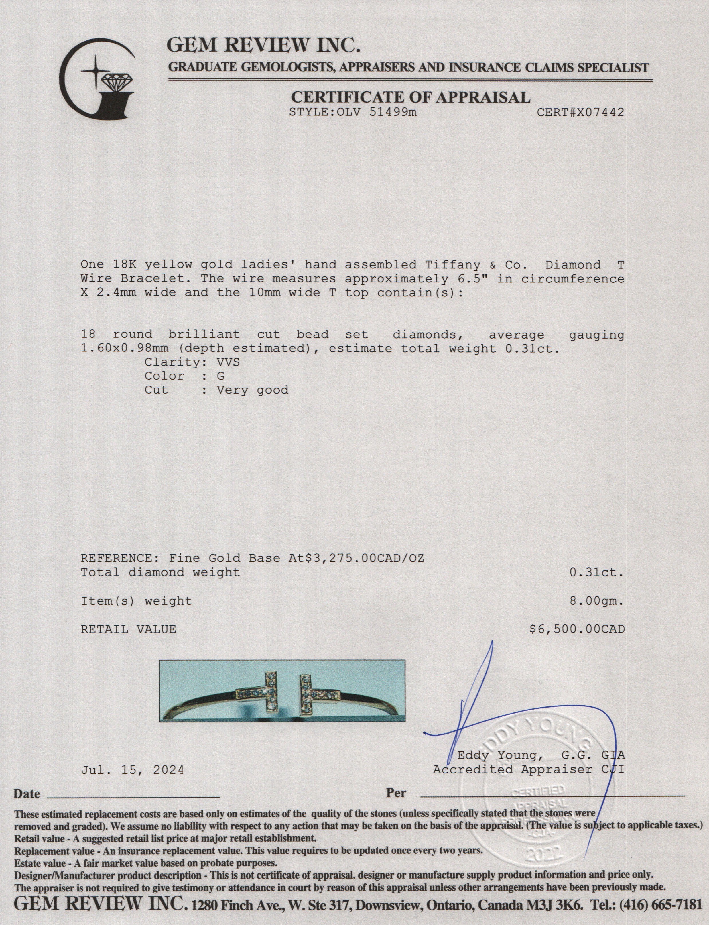 Tiffany & Co. 18k Yellow Gold Diamond T Wire Bracelet w/ Box