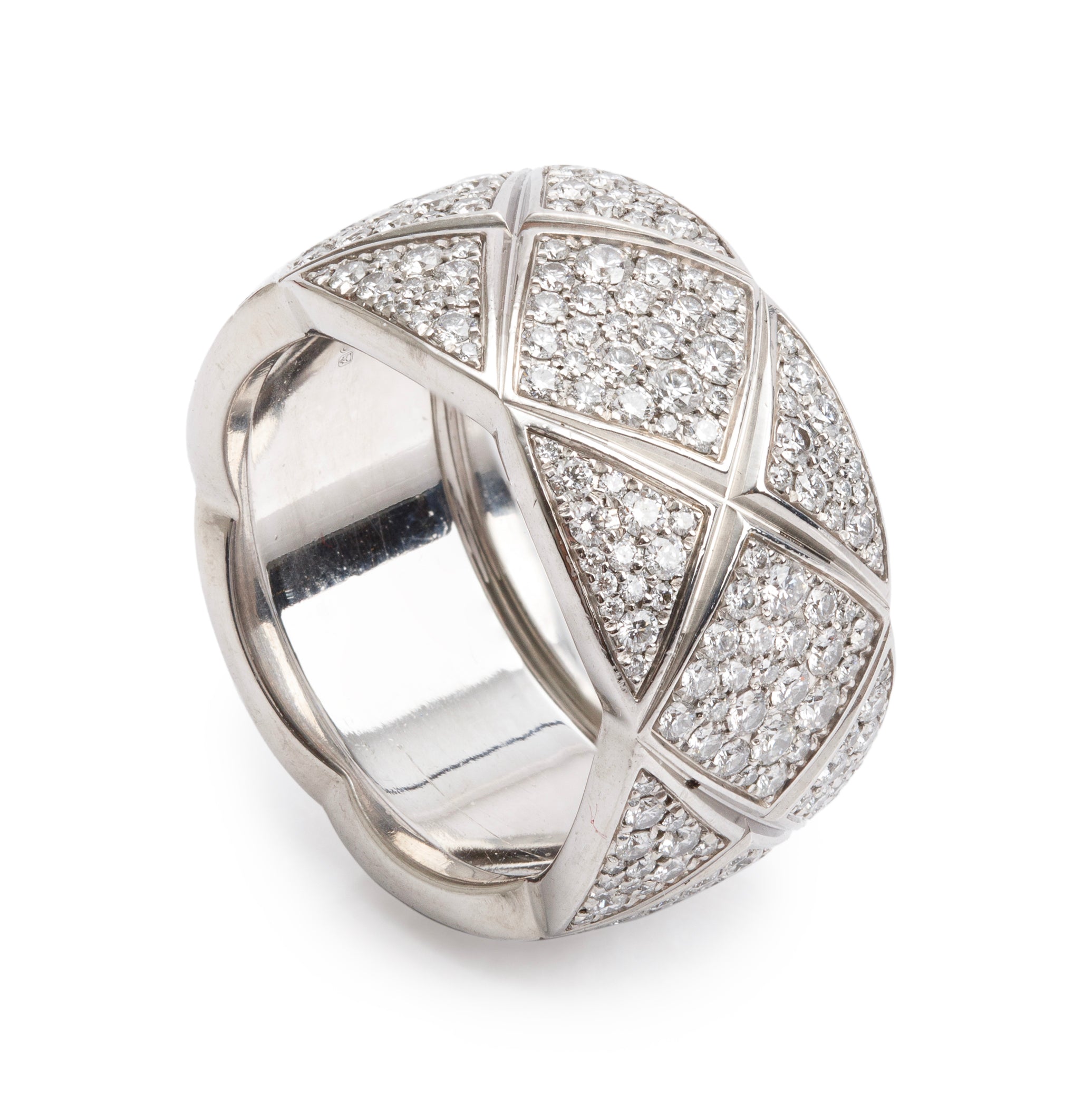 Chanel 18k White Gold Pave Diamond Quilted Coco Crush Band Ring, Size 53 6.5, Large Version
