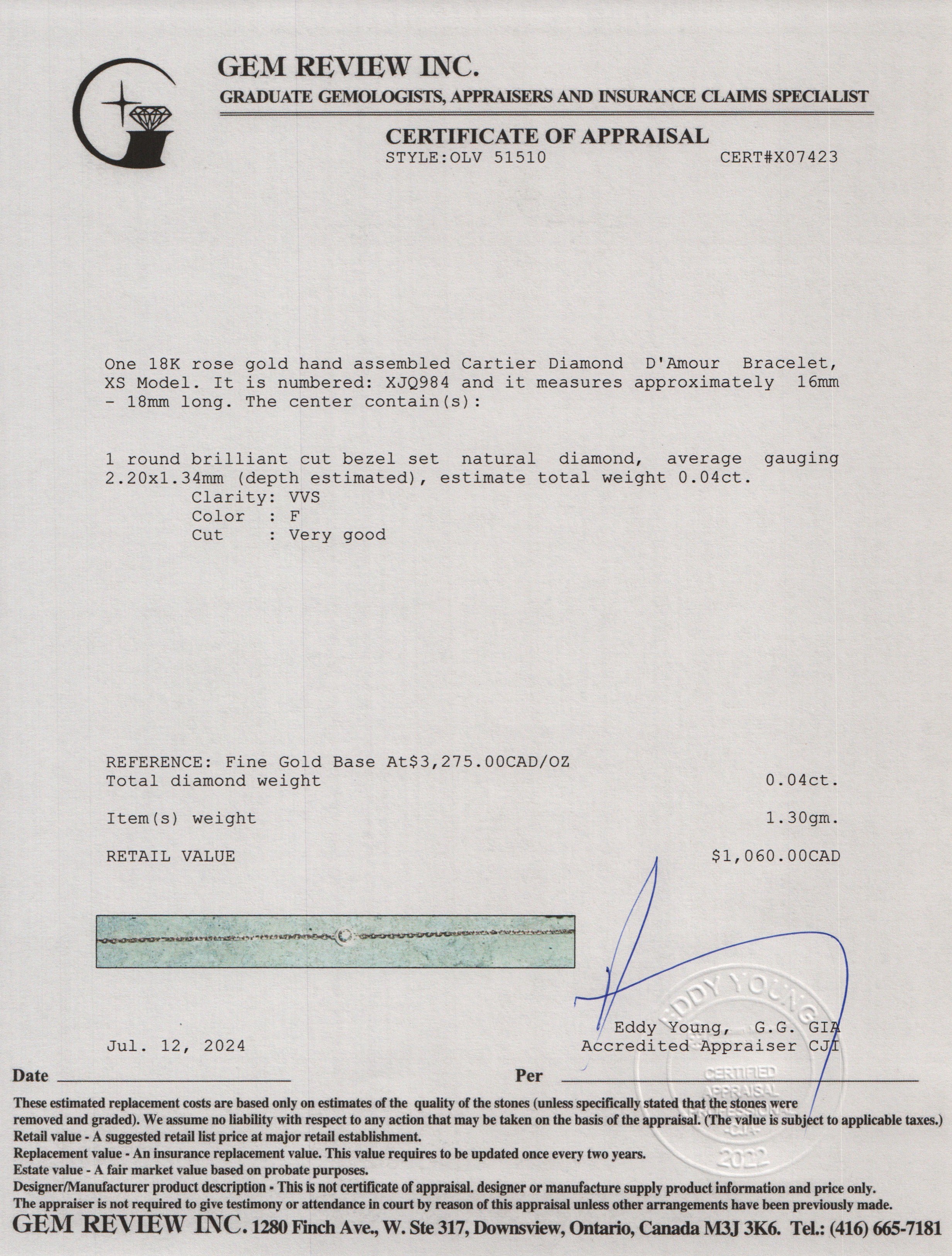 Cartier 18k Rose Gold Diamond D'Amour Bracelet, XS Model w/ Box, Receipt & Certificate