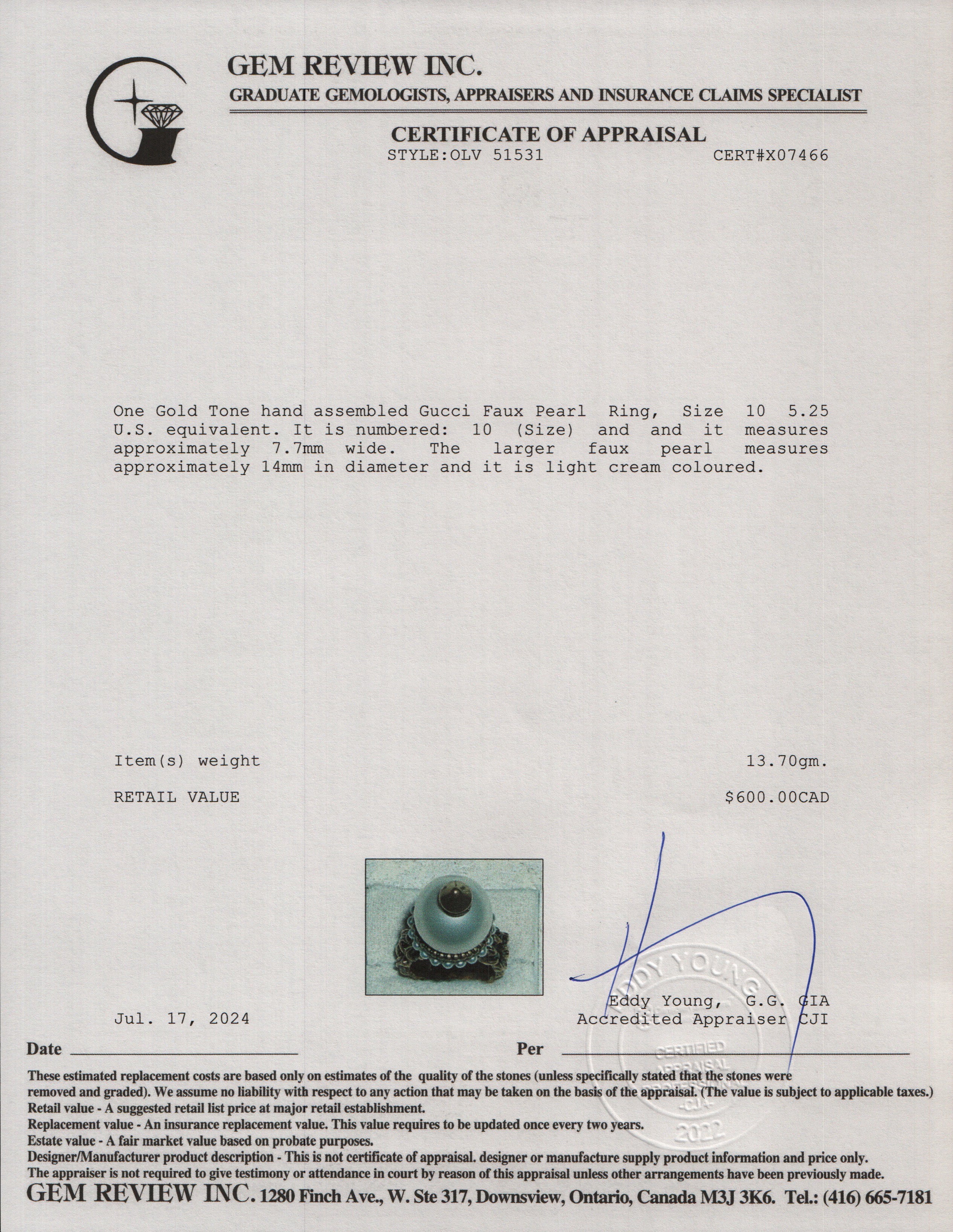 Gucci Gold Tone Metal Faux Pearl Ring, Size 10 5.25