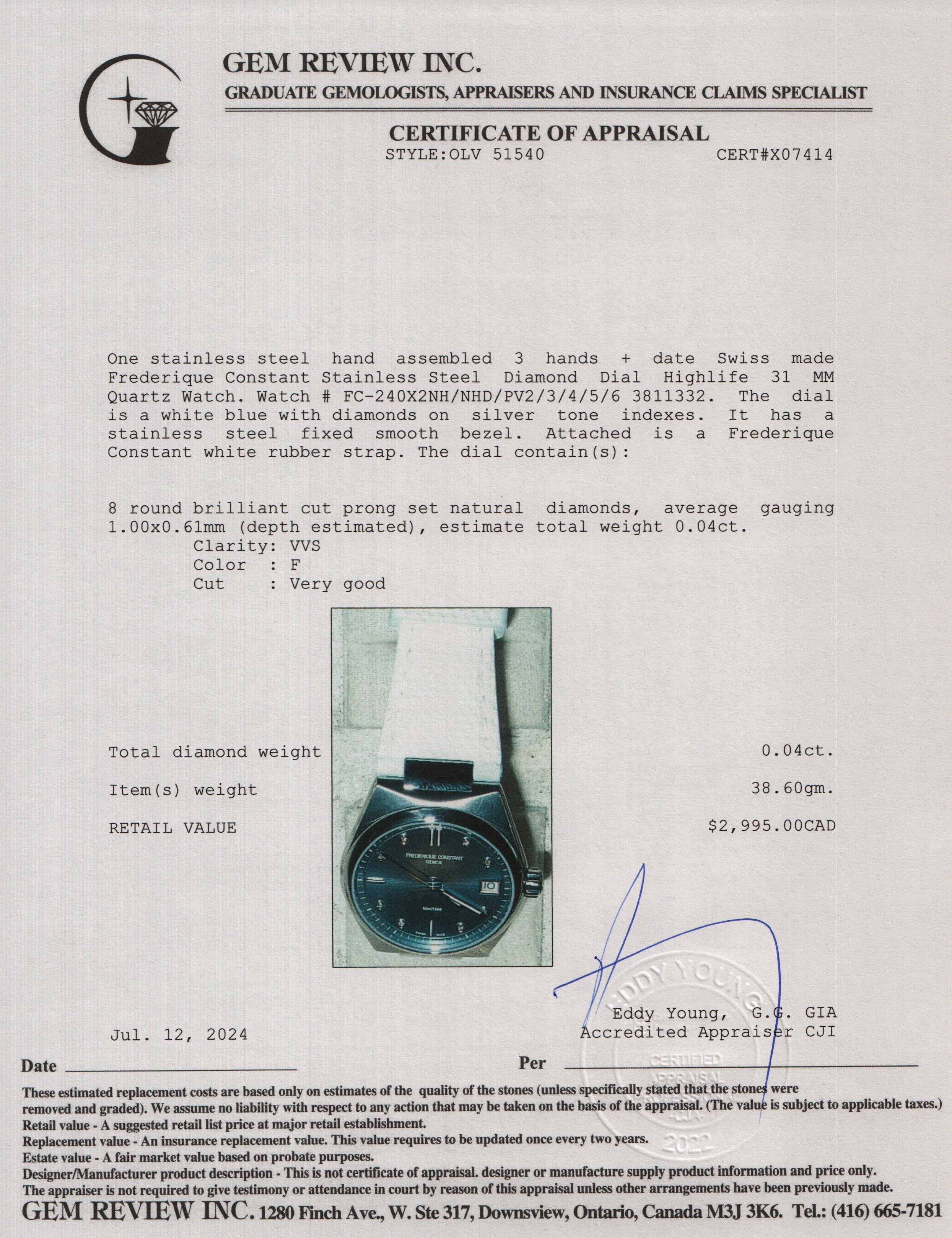 Frederique Constant Stainless Steel Diamond Dial Highlife 31 MM Quartz Watch w/ Box & Papers