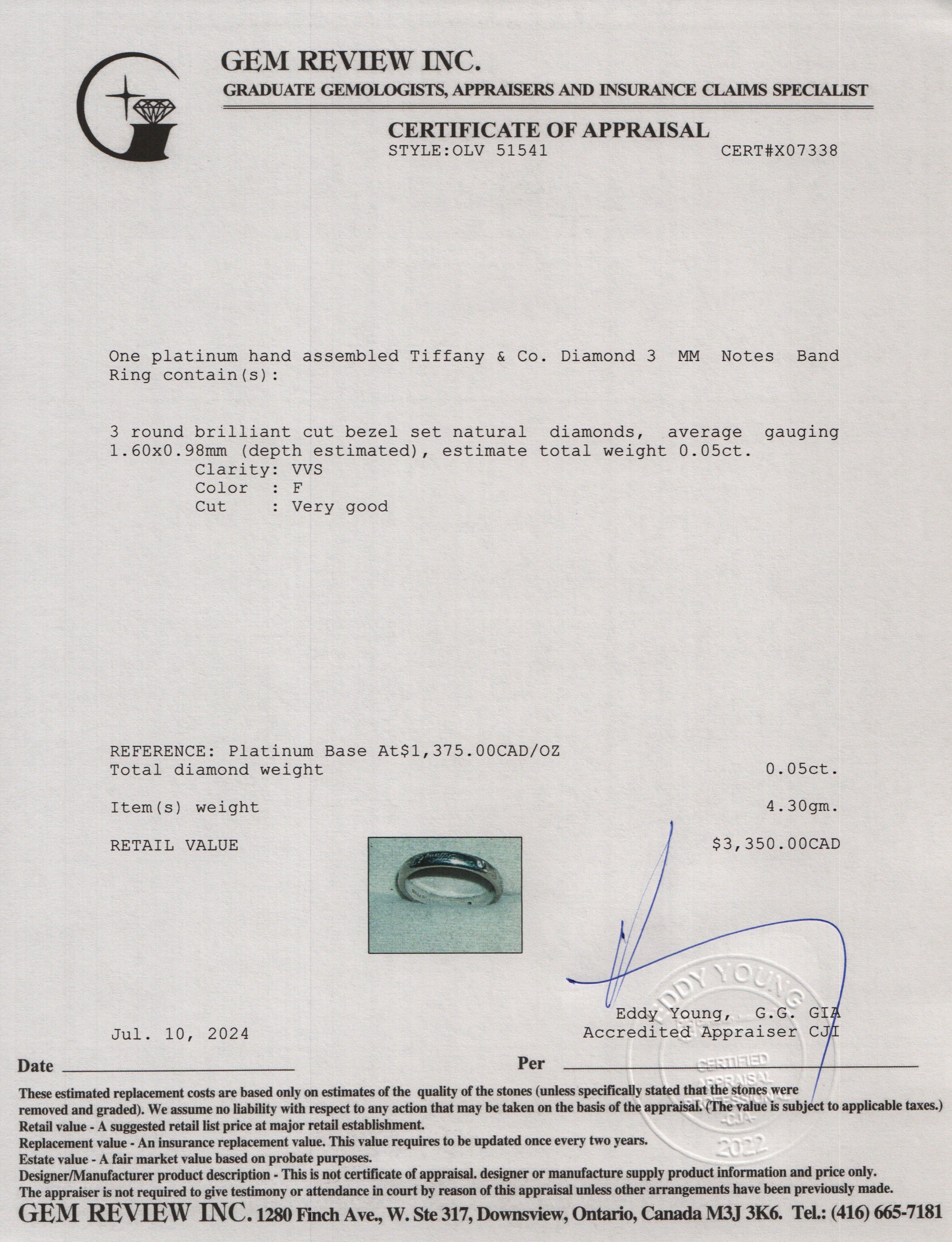 Tiffany & Co. Platinum Diamond 3 MM Notes Band Ring, Size 6