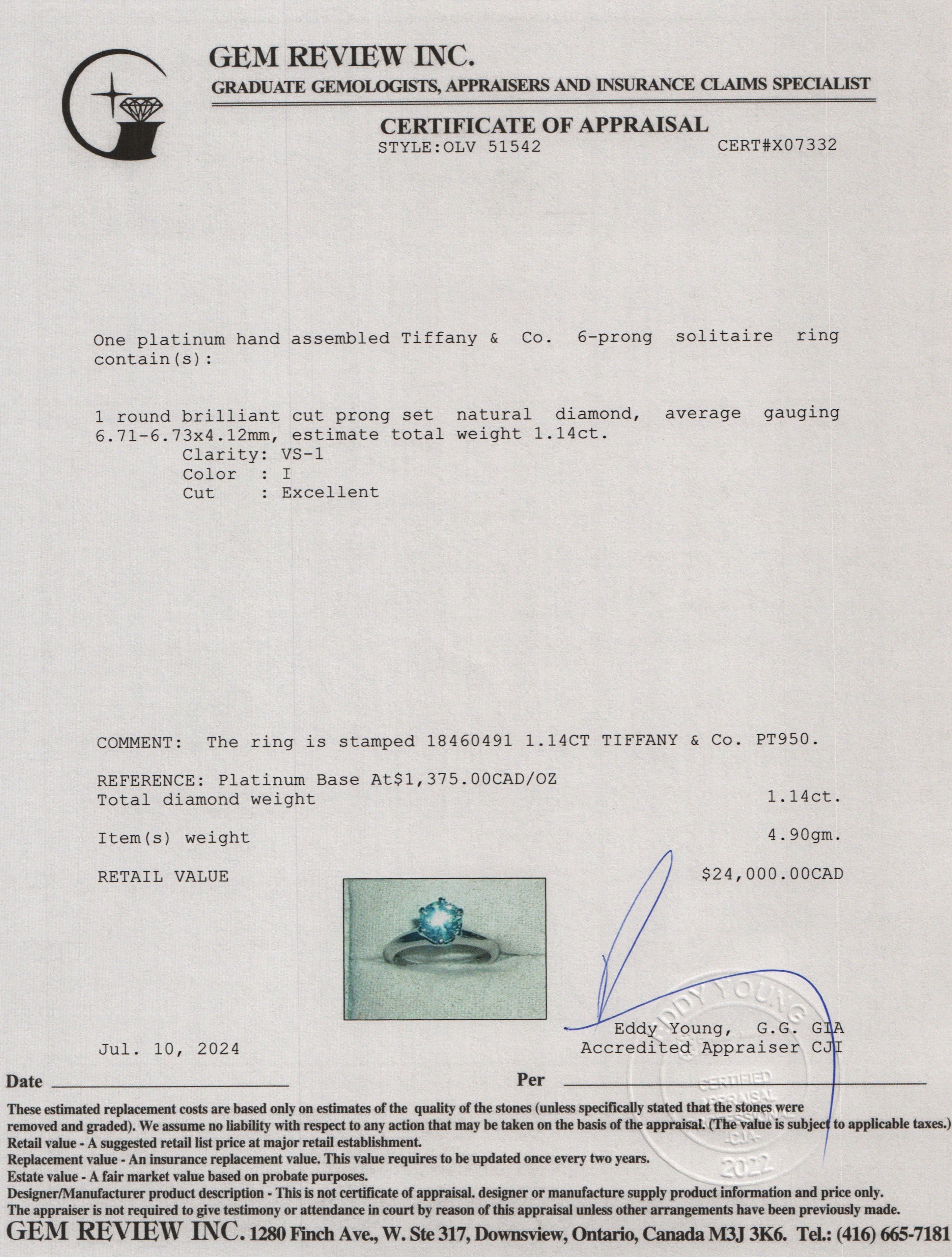 Tiffany & Co. Platinum 1.14 ct. Diamond Solitaire Engagement Ring, Size 5 w/ Box