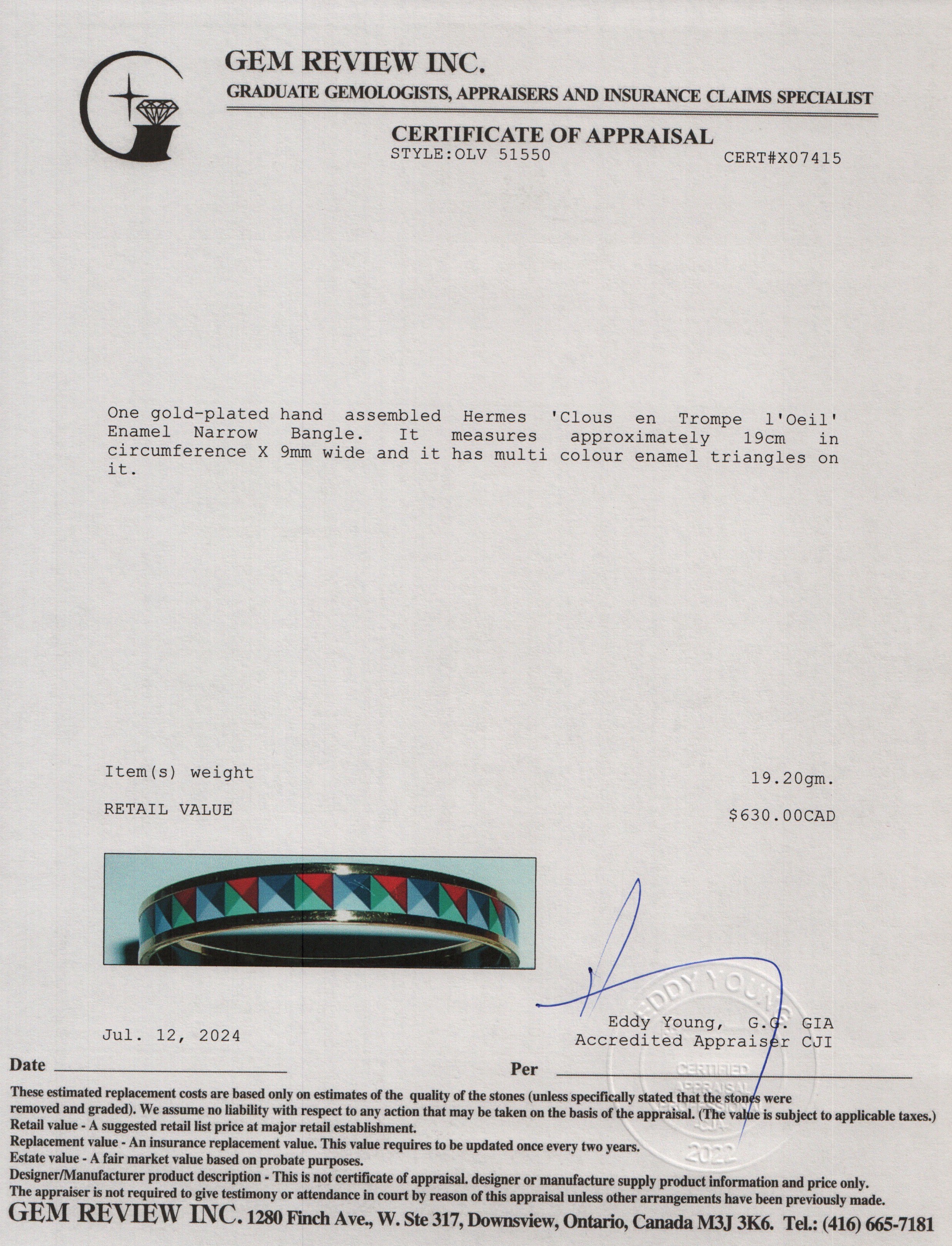 Hermes Gold-Plated 'Clous en Trompe l'Oeil' Enamel Narrow Bangle