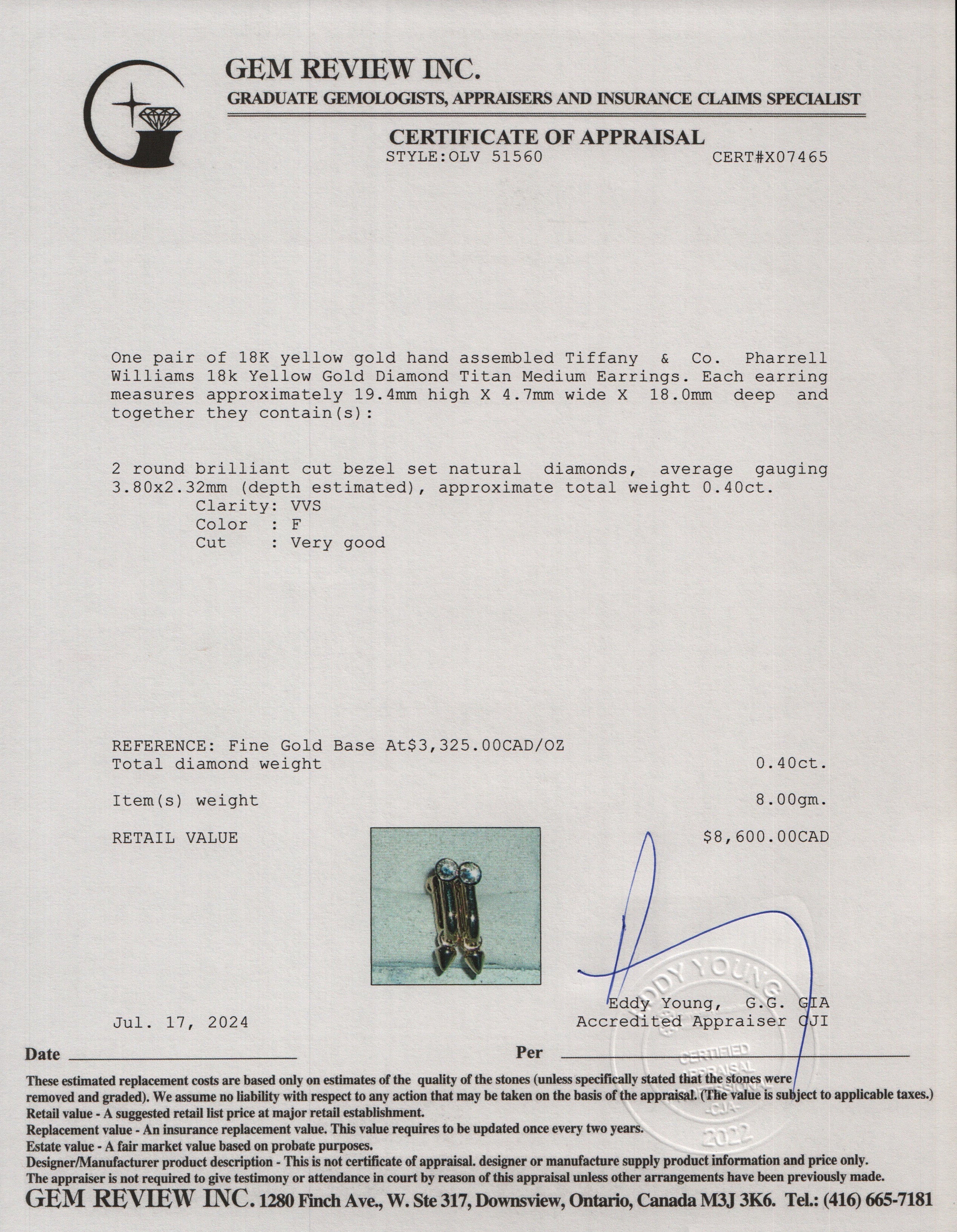 Tiffany & Co. Pharrell Williams 18k Yellow Gold Diamond Titan Medium Earrings w/ Box