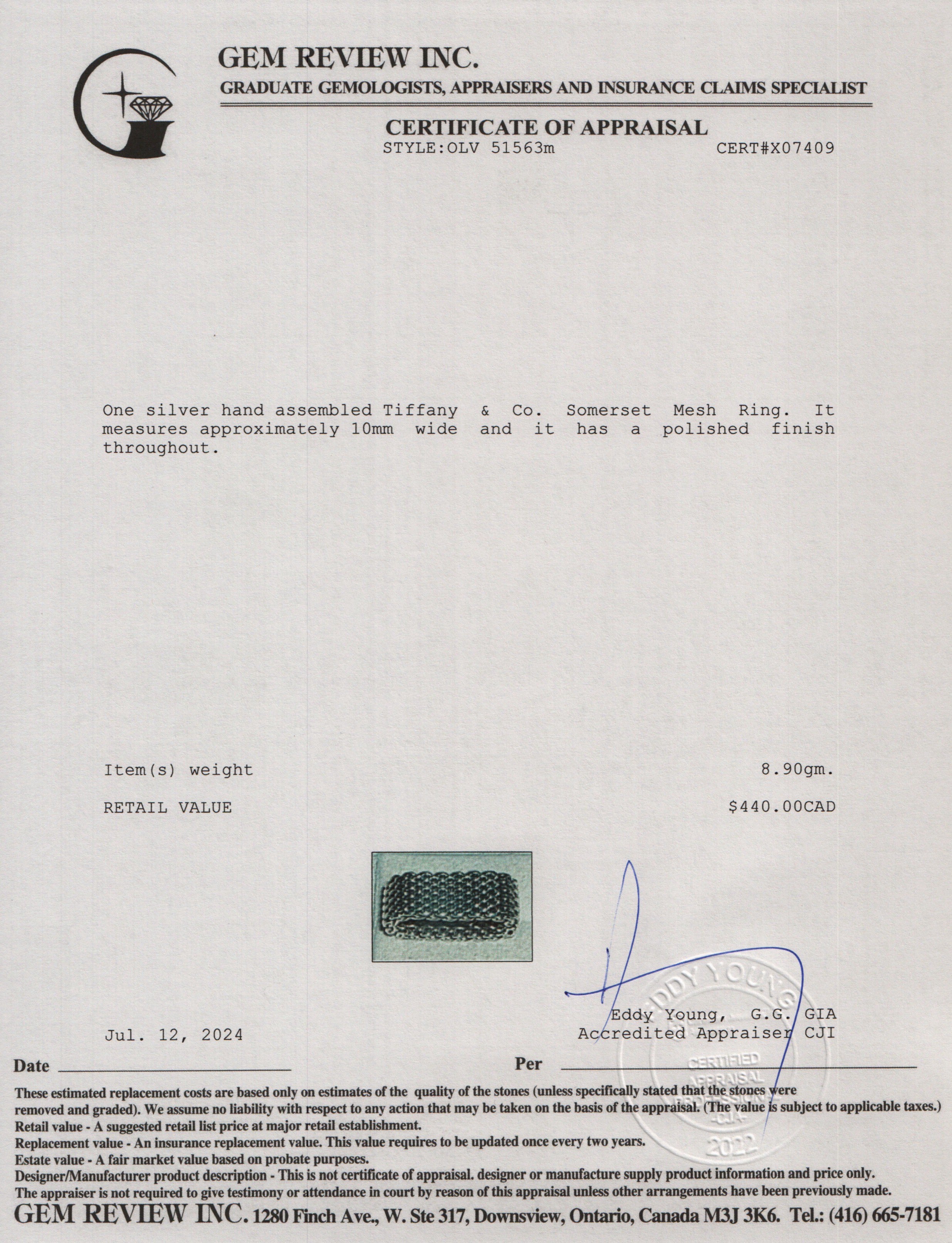 Tiffany & Co. Sterling Silver Somerset Mesh Ring, Size 7