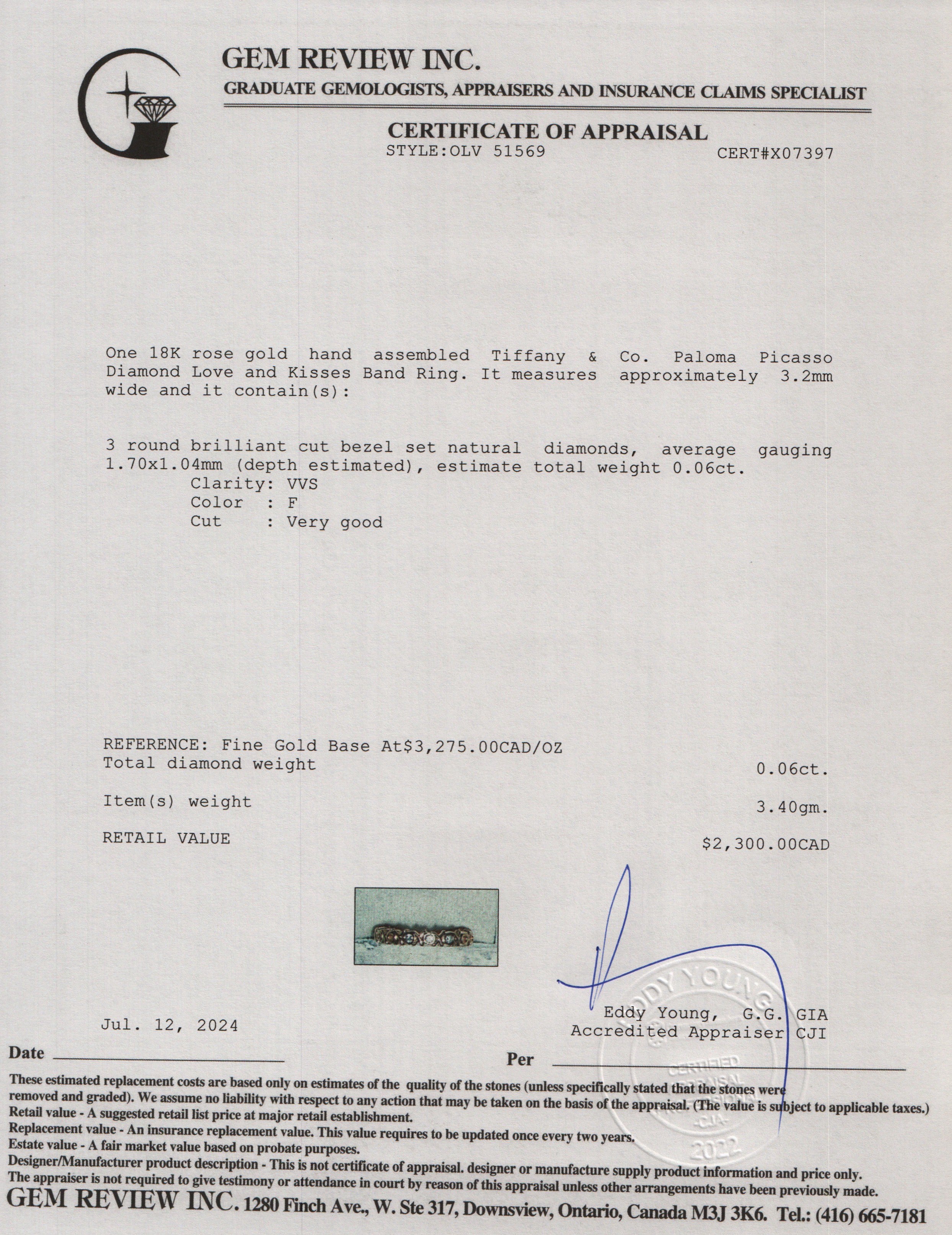 Tiffany & Co. Paloma Picasso 18k Rose Gold Diamond Love and Kisses Band Ring, Size 5