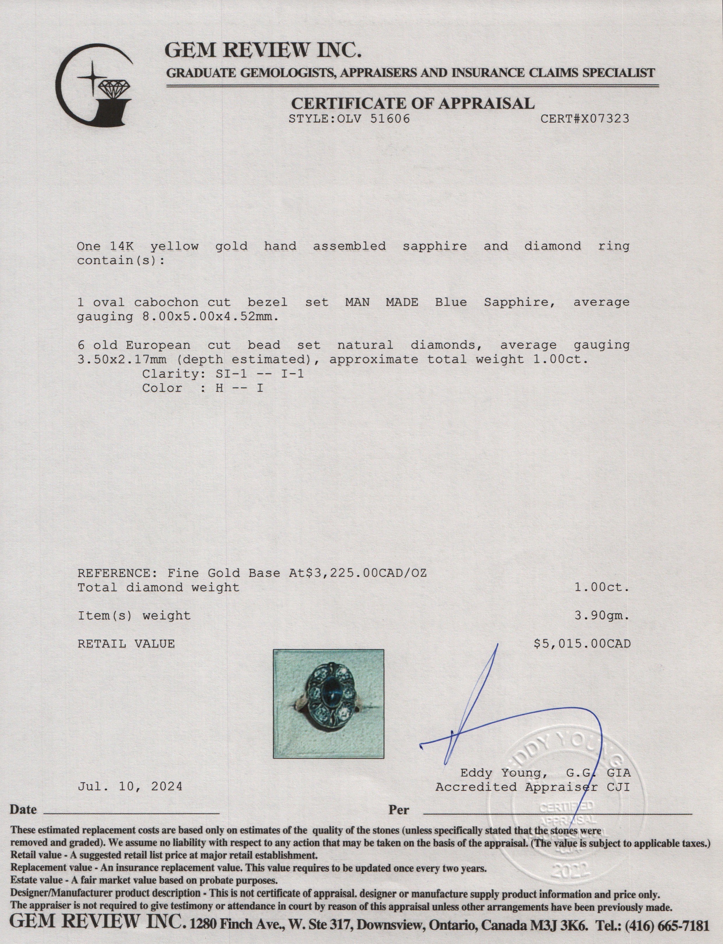 Antique 14k Yellow Gold Sapphire & Diamond Ring, Size 4