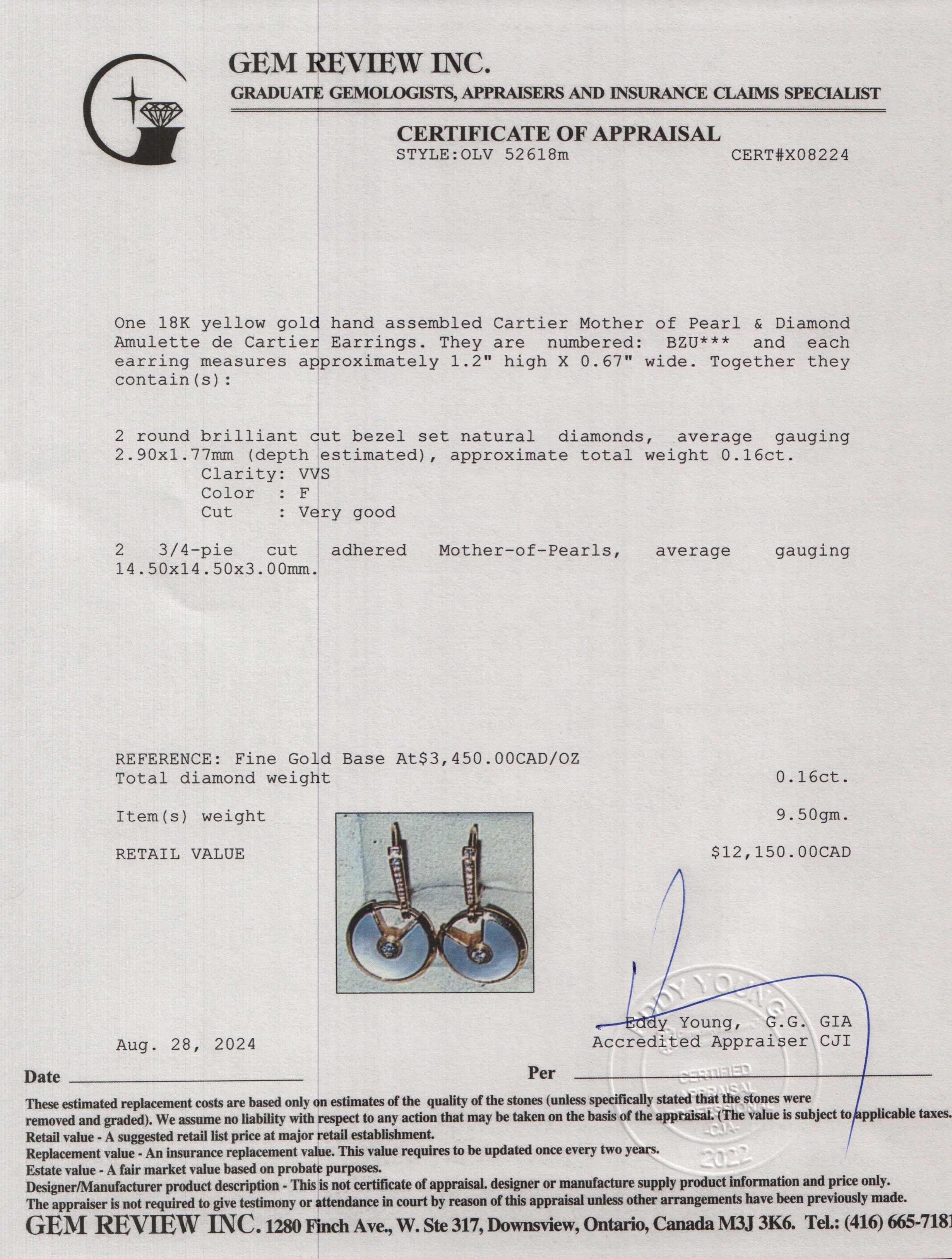 Cartier 18k Yellow Gold Mother of Pearl & Diamond Amulette de Cartier Earrings