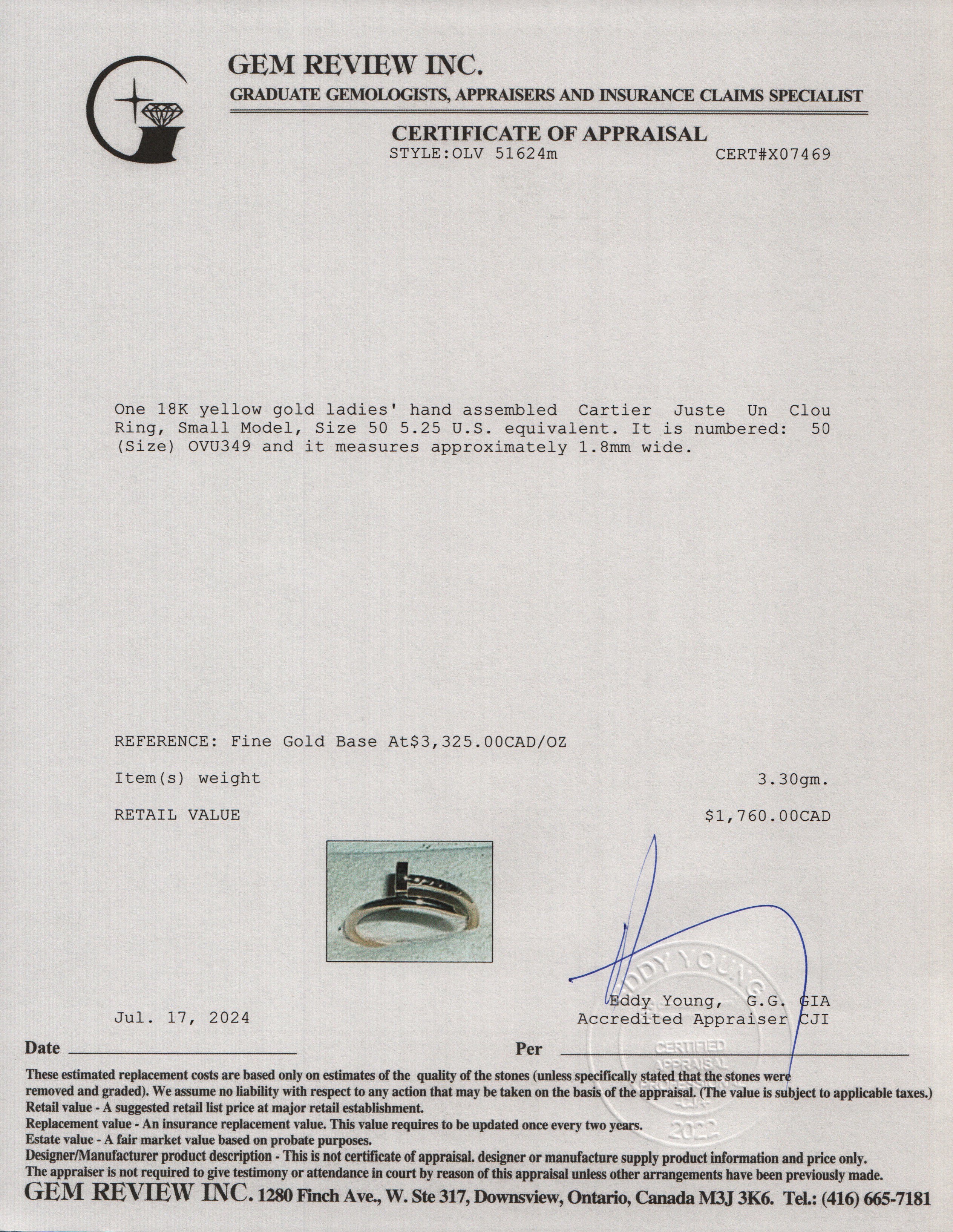 Cartier 18k Yellow Gold Juste Un Clou Ring, Small Model, Size 50 5.25 w/ Box