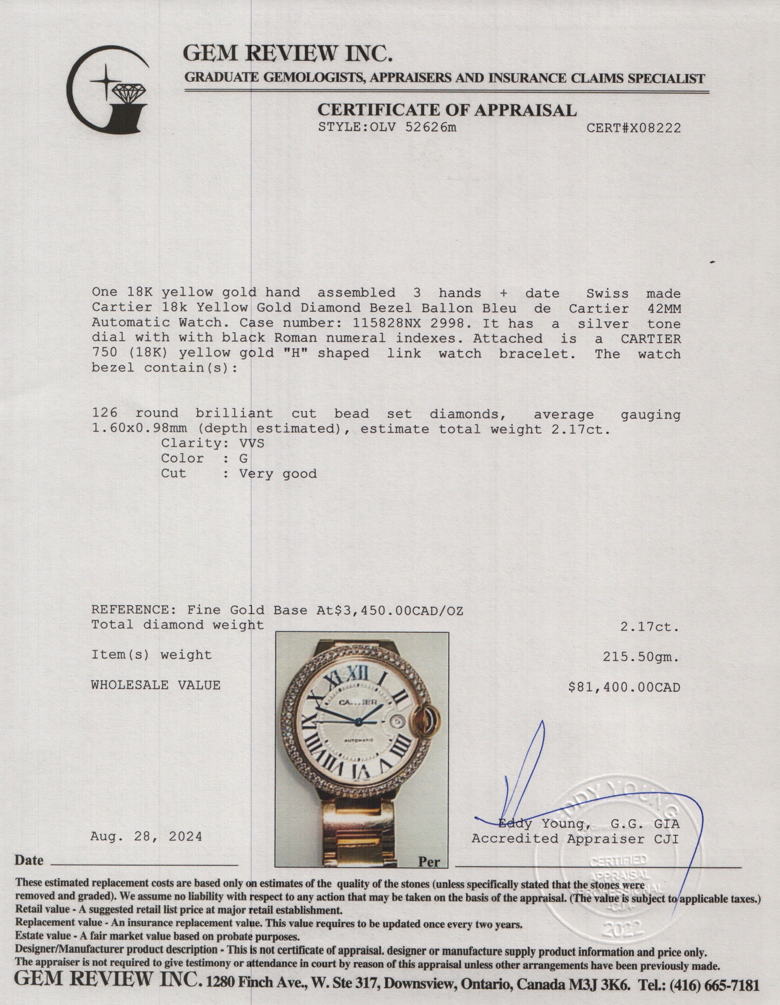 Cartier 18k Yellow Gold Diamond Bezel Ballon Bleu de Cartier 42MM Automatic Watch 2998 w/ Box & Papers