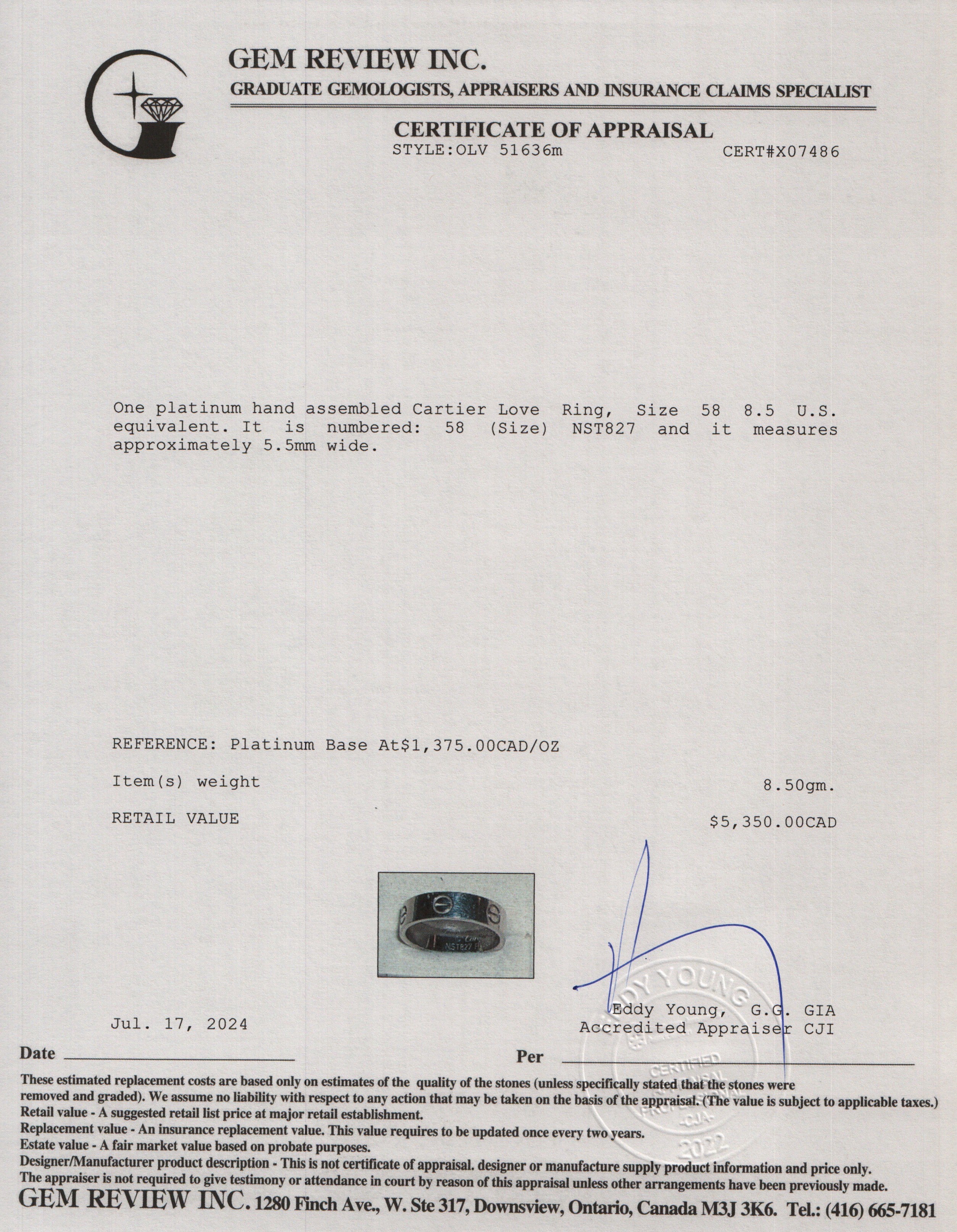 Cartier Platinum 5.5 MM Love Ring, Size 58 8.5 w/ Box & Certificate