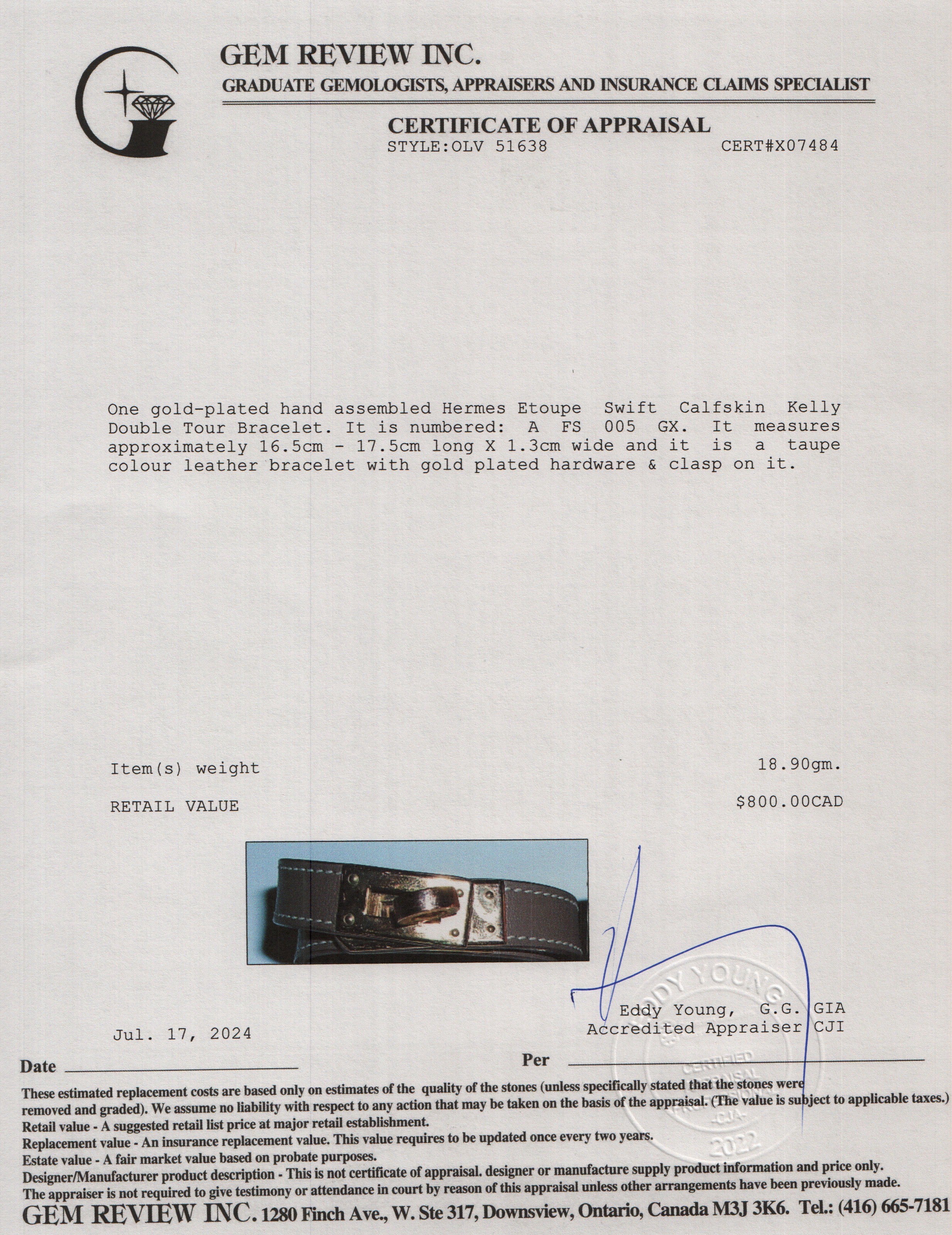 Hermes Gold Plated Etoupe Swift Calfskin Kelly Double Tour Bracelet w/ Box, Size S