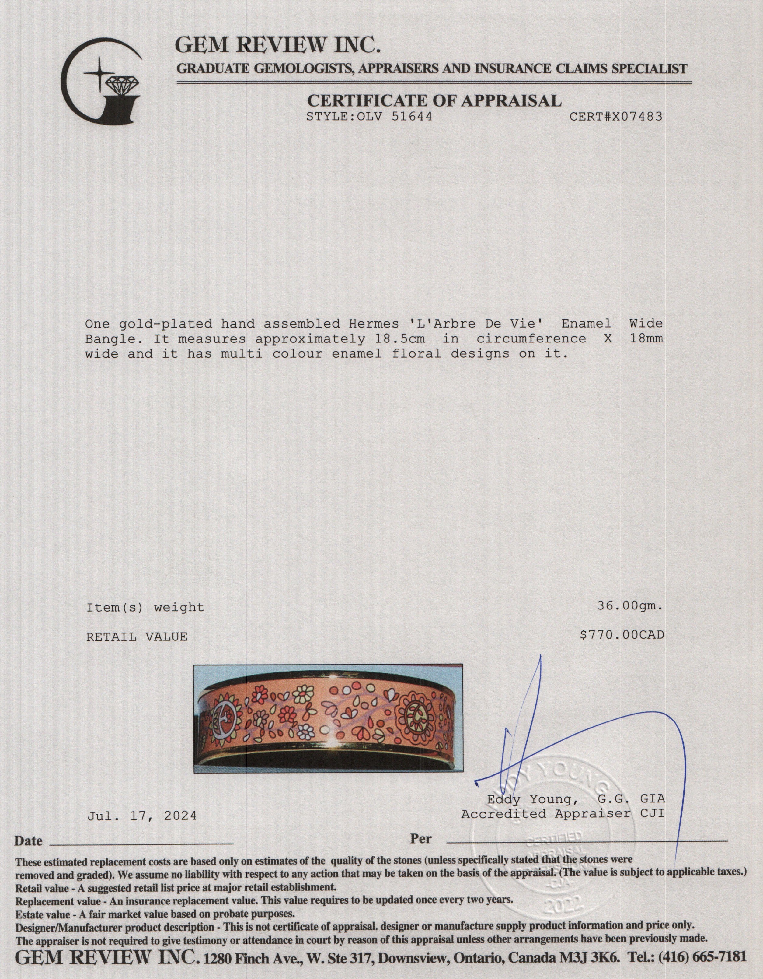 Hermes Gold-Plated 'L'Arbre De Vie' Enamel Wide Bangle w/ Box