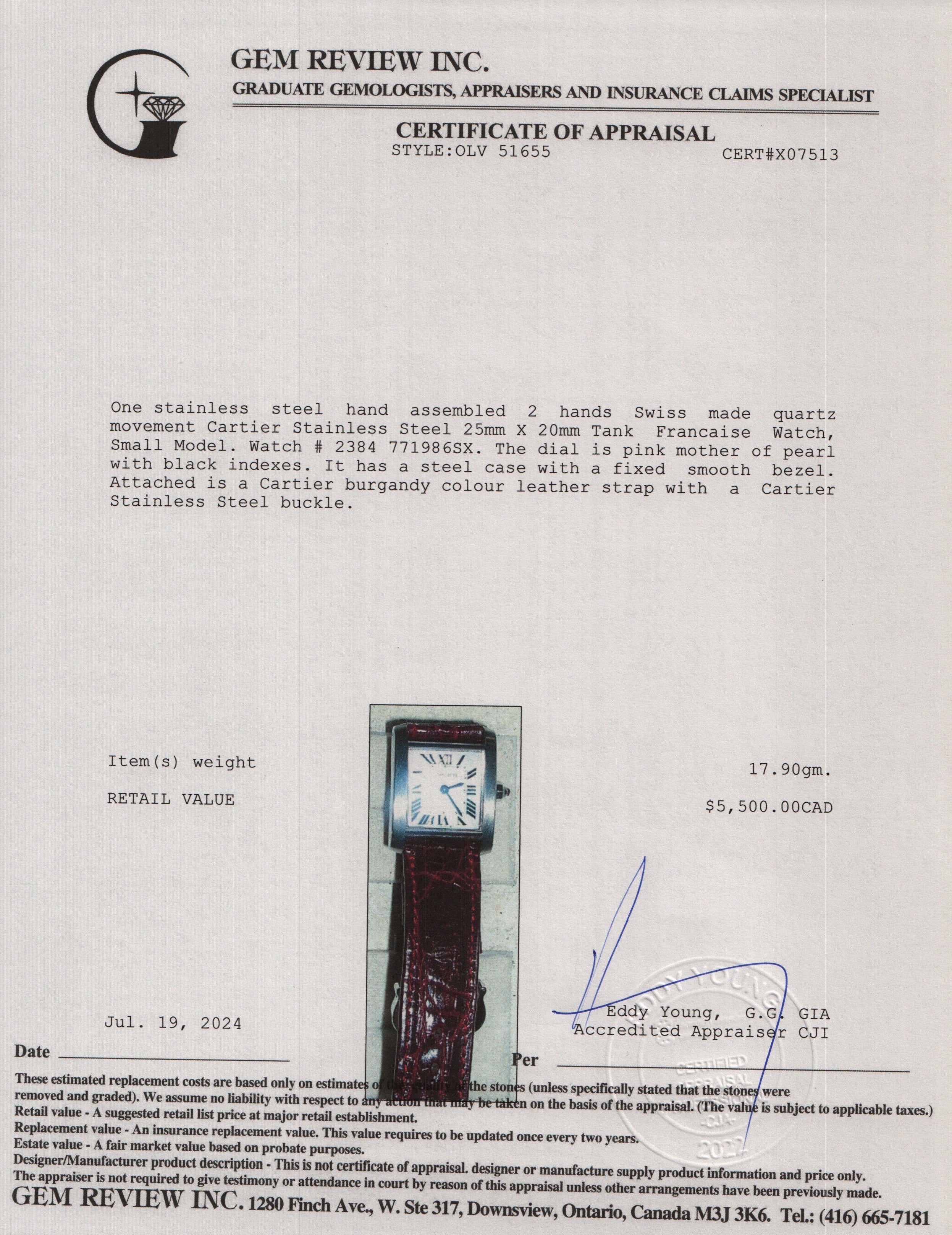 Cartier Stainless Steel Pink Mother of Pearl Dial Tank Francaise Watch, Small Model 2384