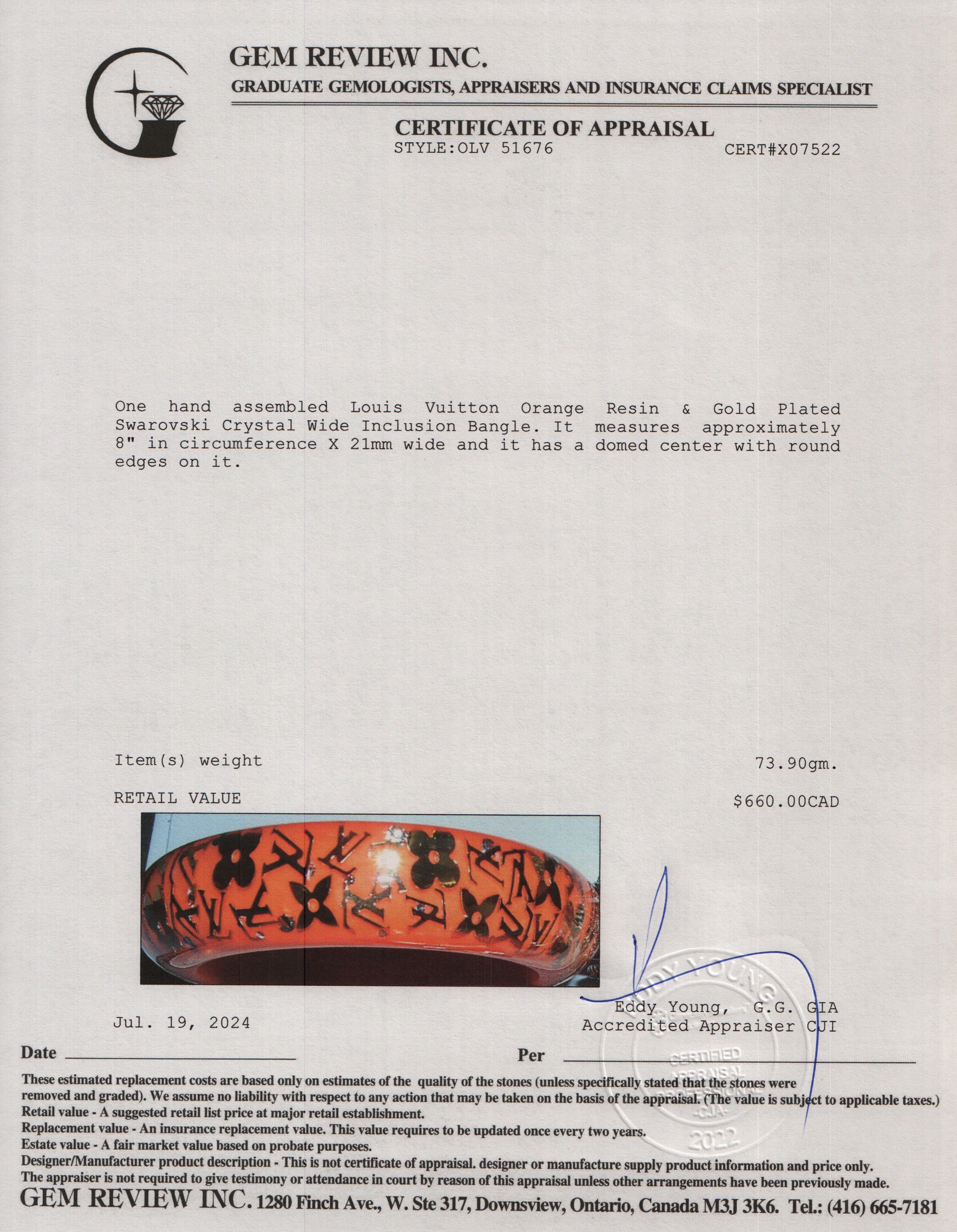 Louis Vuitton Orange Resin & Gold Plated Swarovski Crystal Wide Inclusion Bangle