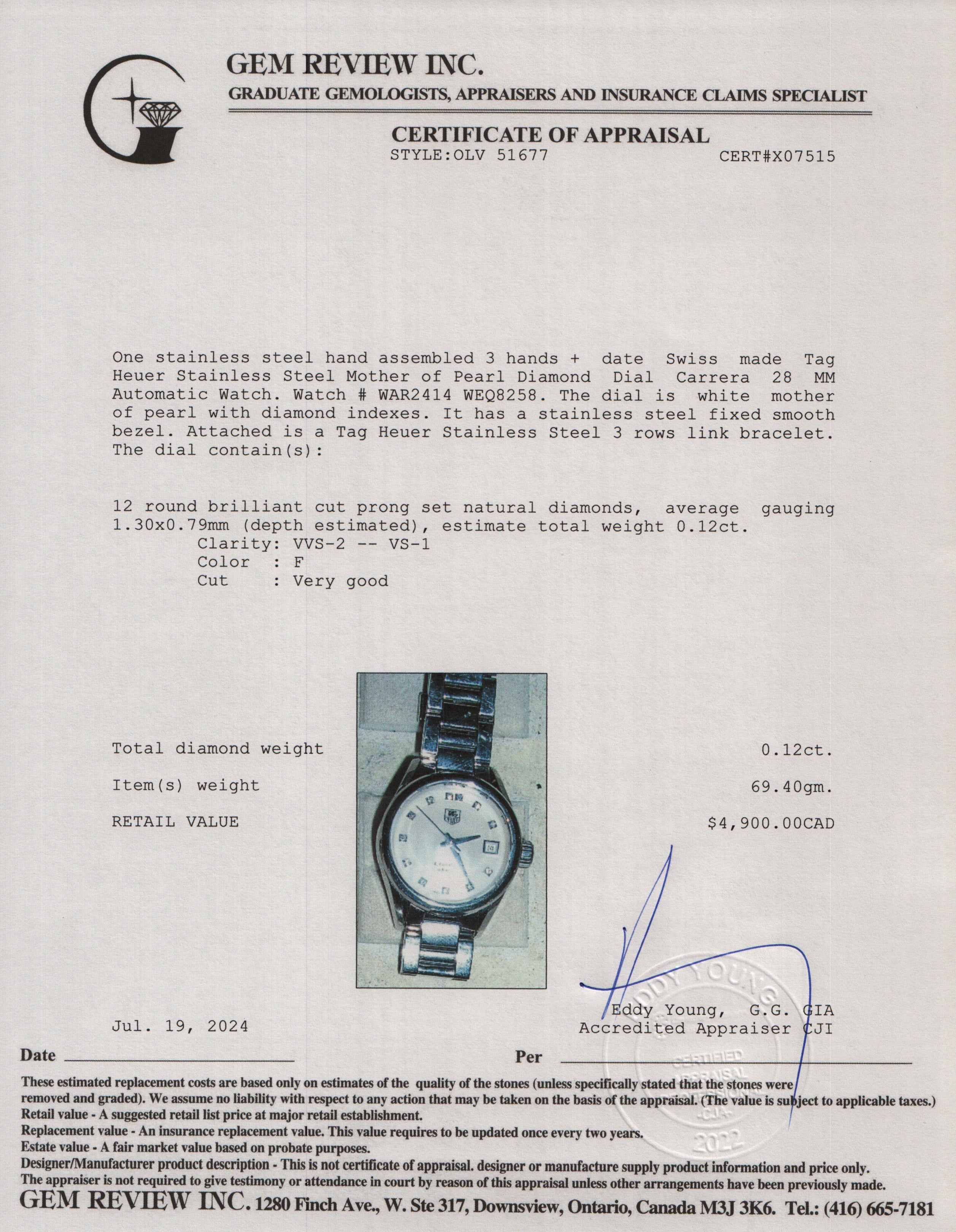Tag Heuer Stainless Steel Mother of Pearl Diamond Dial Carrera 28 MM Automatic Watch WAR2414
