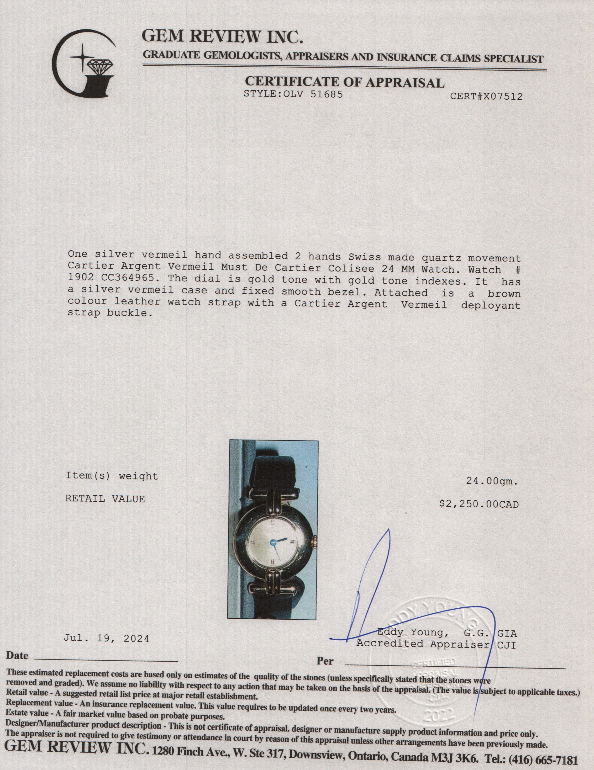 Cartier Argent Vermeil Must De Cartier Colisee 24 MM Watch