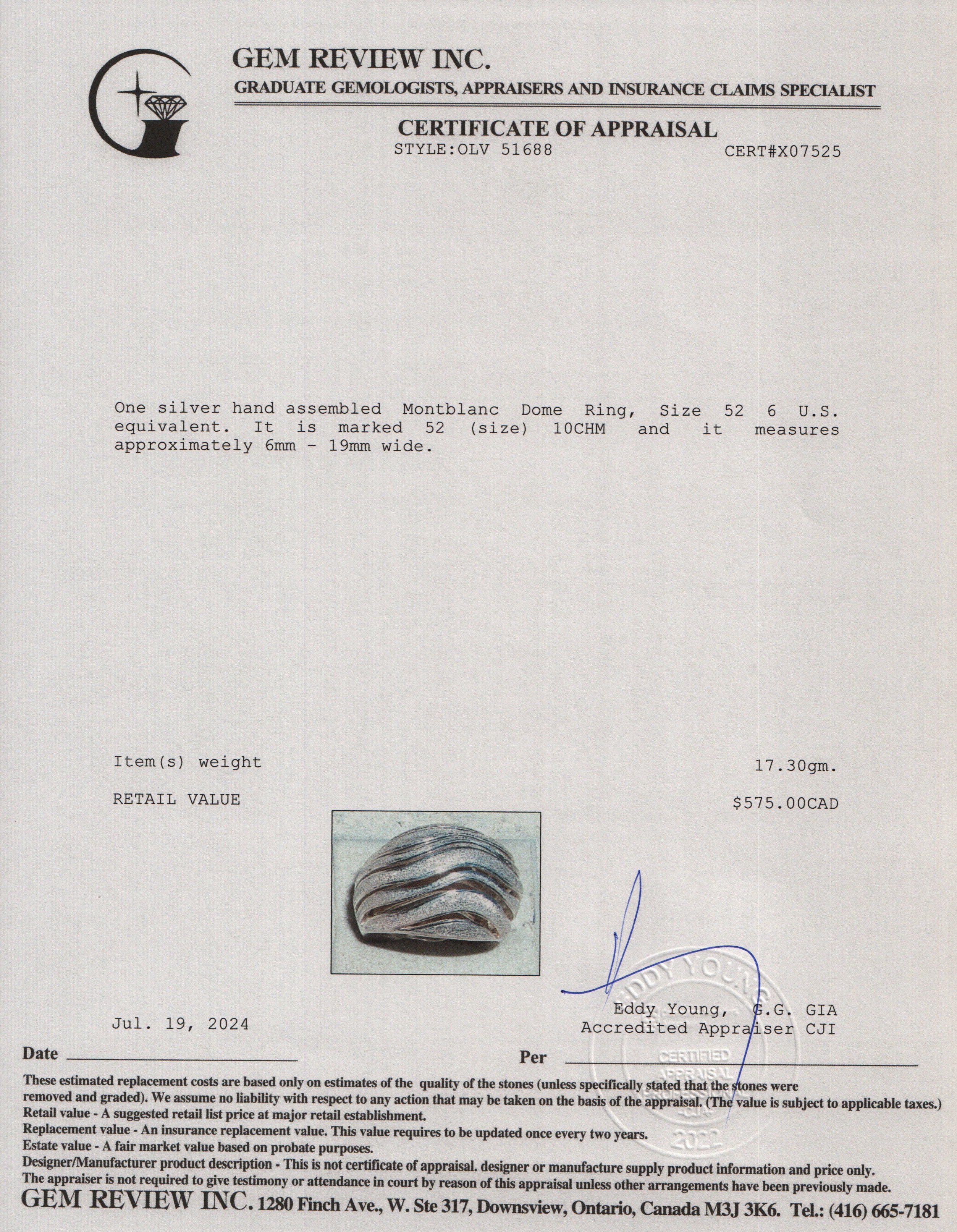 Montblanc Sterling Silver Dome Ring, Size 52 6