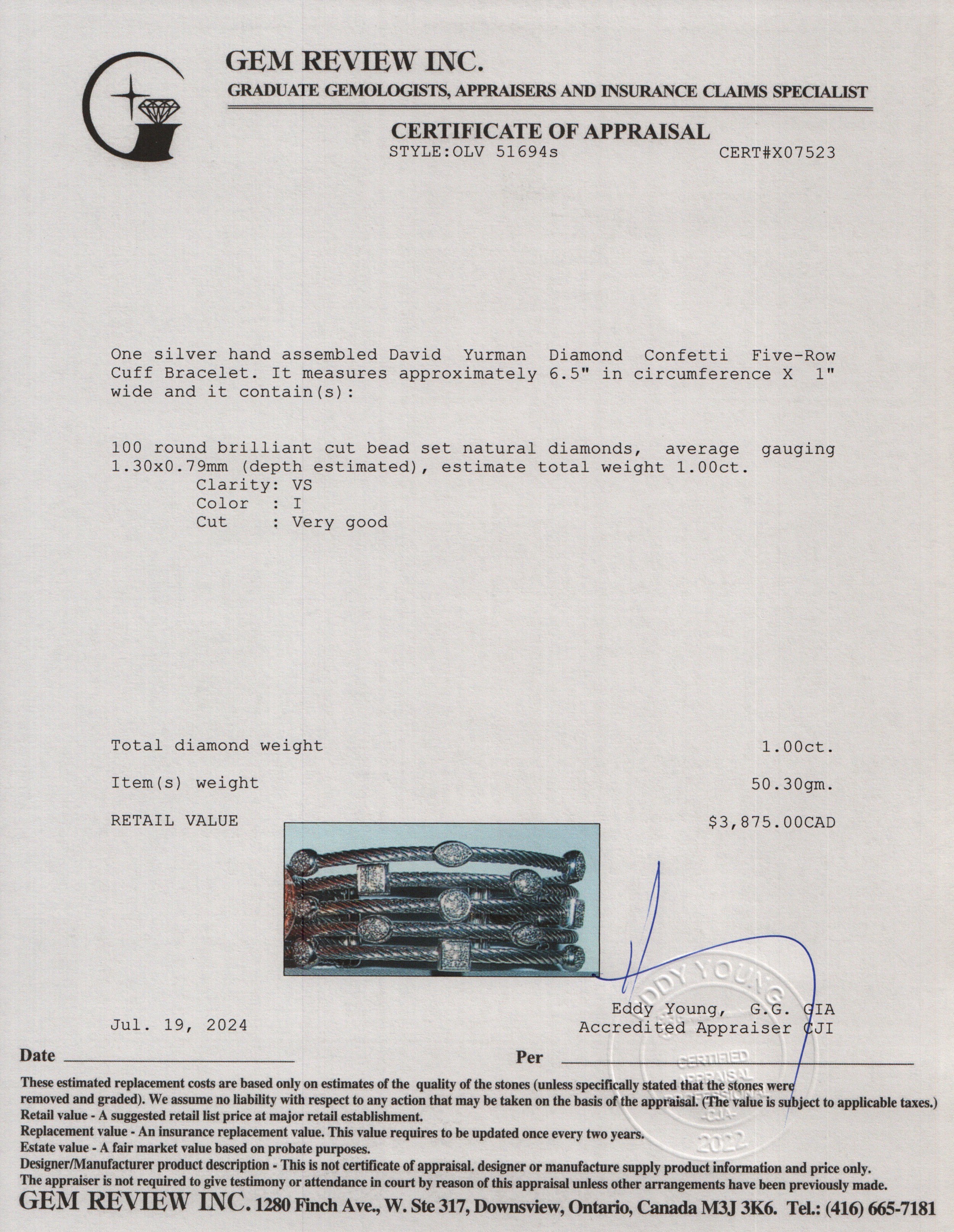 David Yurman Sterling Silver Diamond Confetti Five-Row Cuff Bracelet