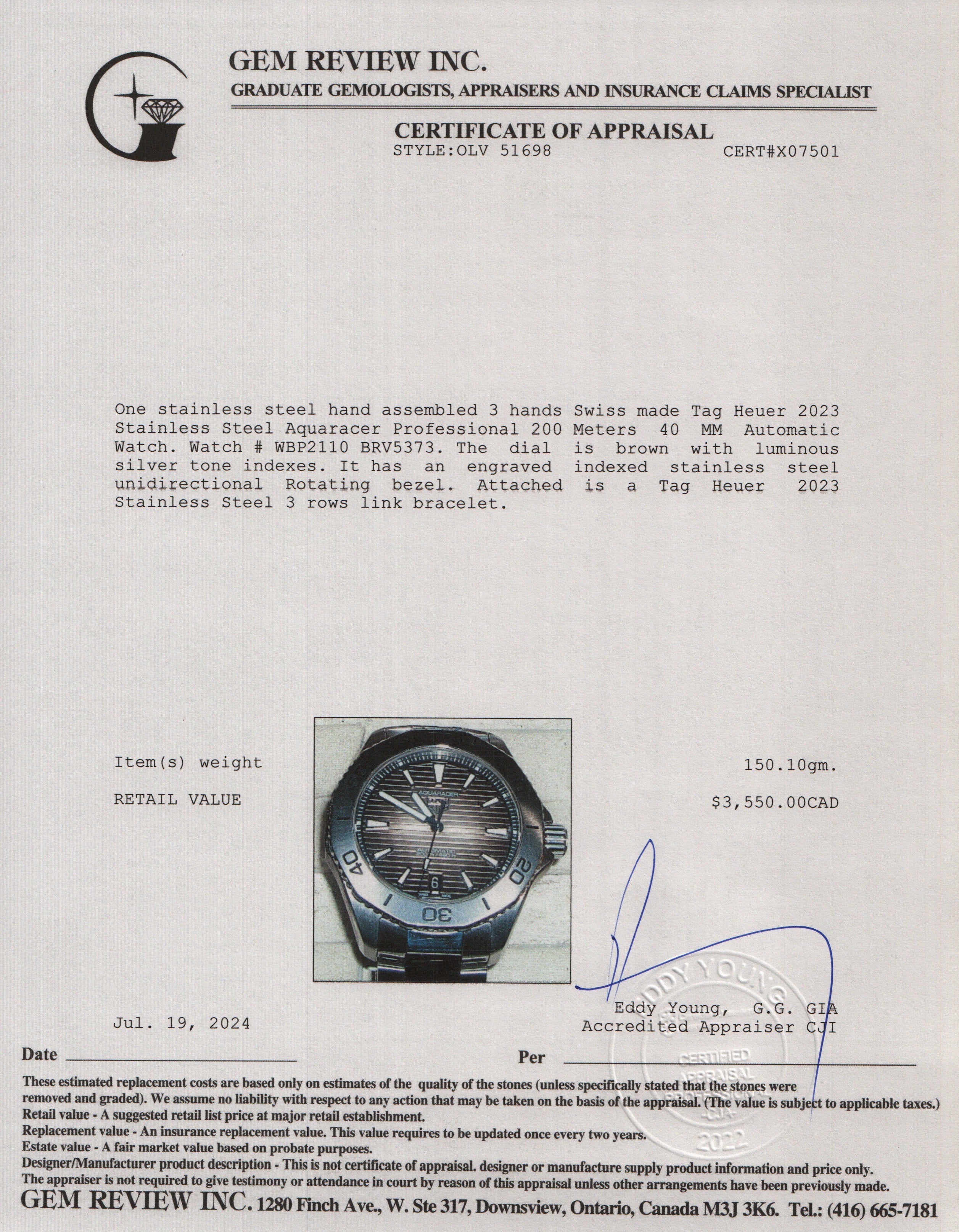 Tag Heuer 2023 Stainless Steel Aquaracer Professional 200 Meters 40 MM Automatic Watch WBP2110 w/ Box & Papers