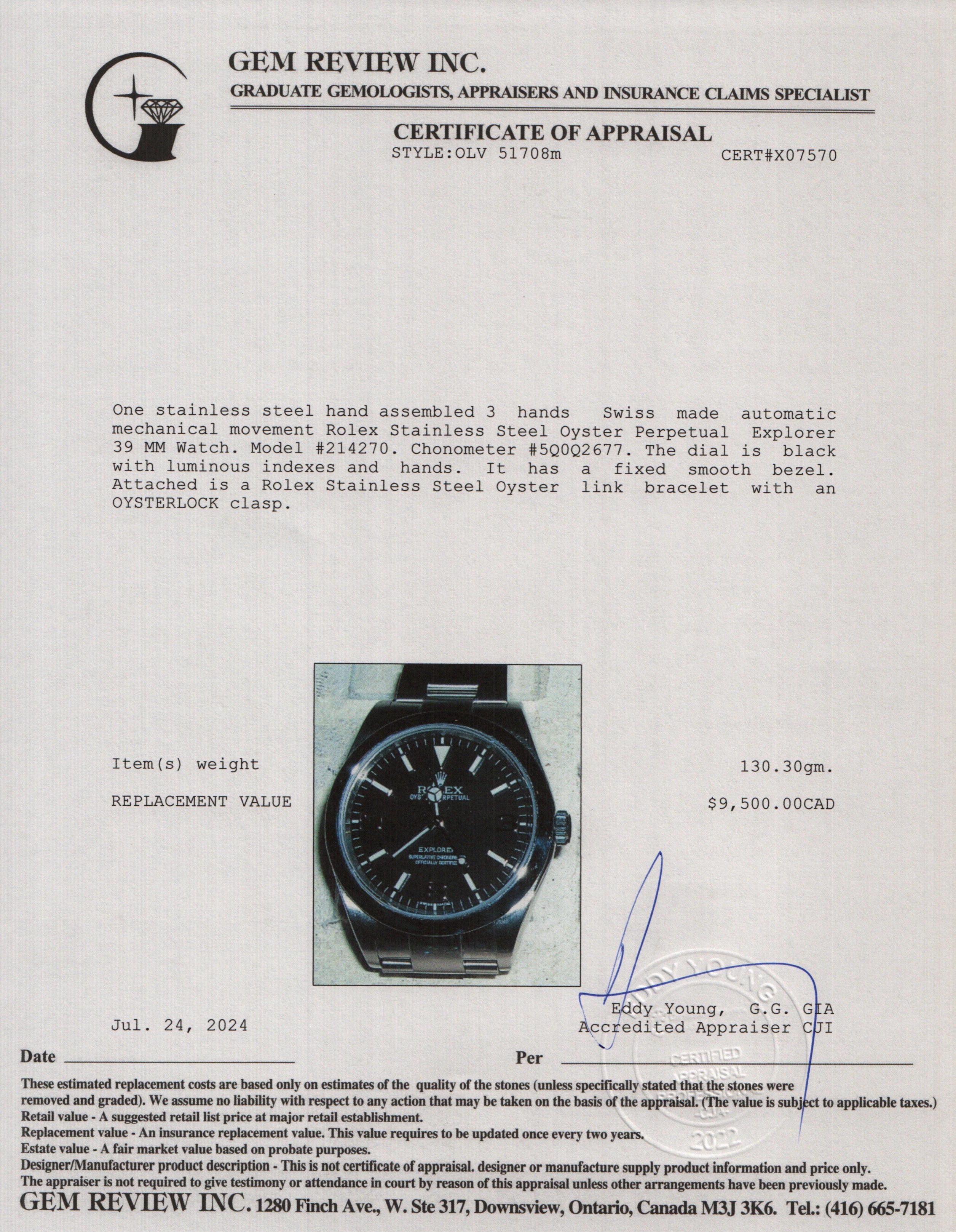 Rolex Stainless Steel Oyster Perpetual Explorer 39 MM Watch 214270 w/ Box & Papers