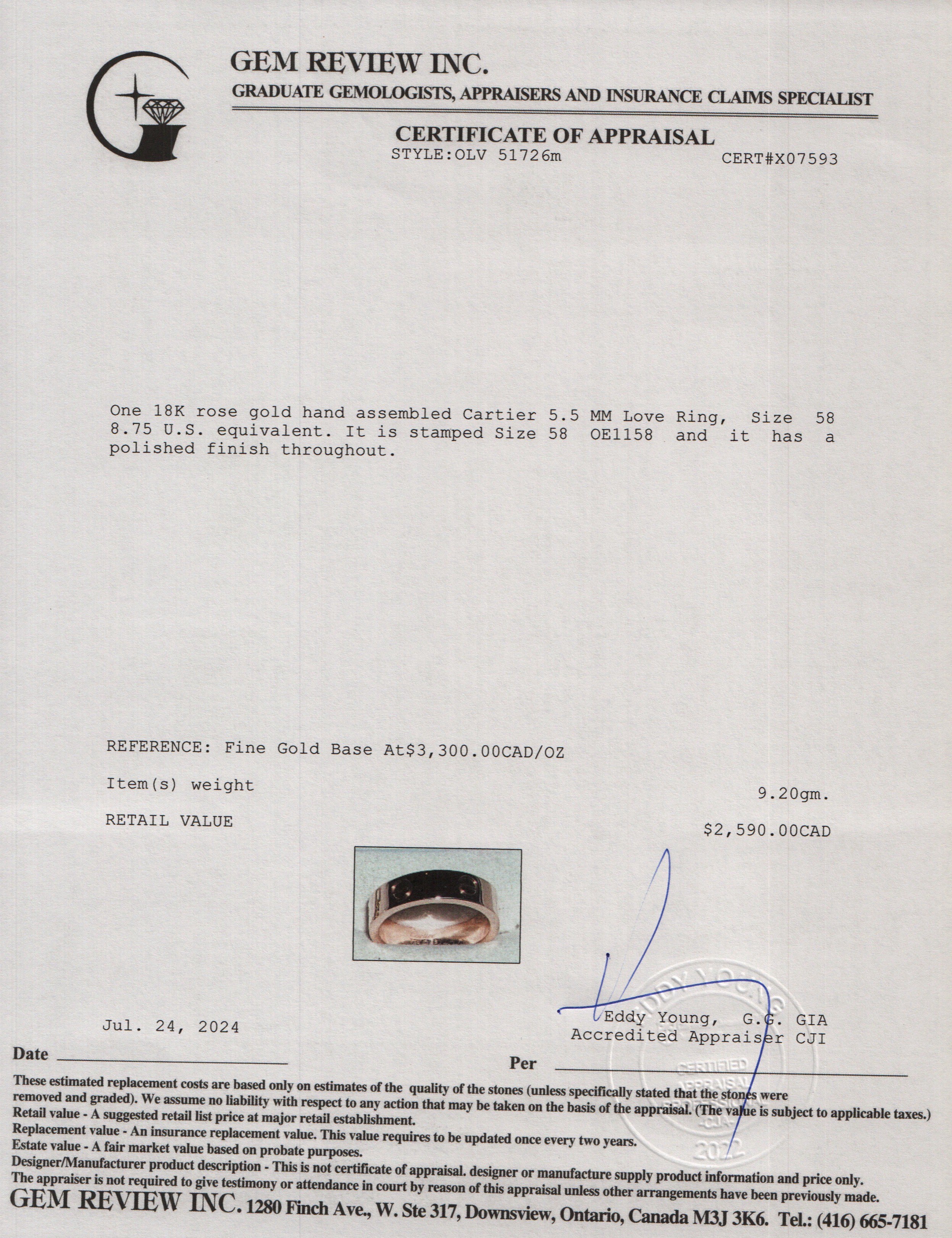 Cartier 18k Rose Gold 5.5 MM Love Ring, Size 58 8.75