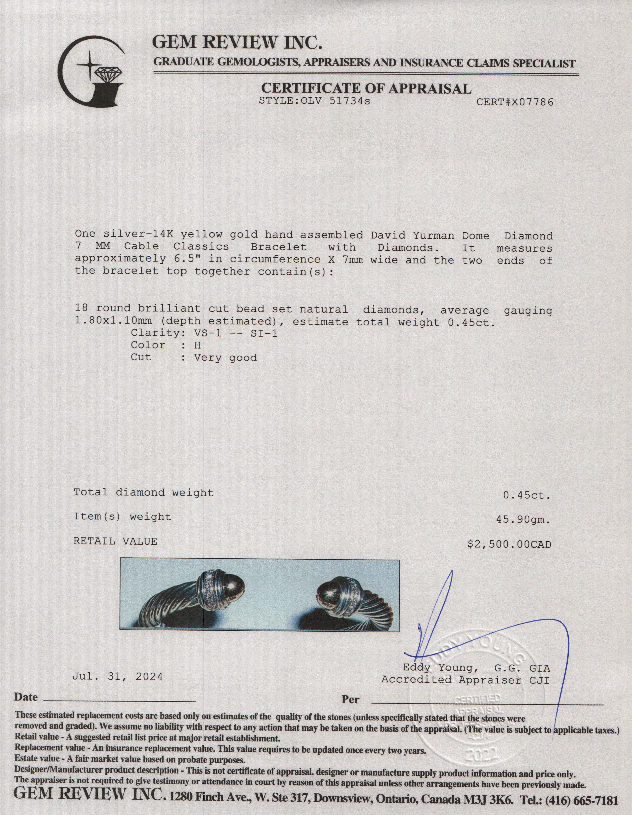 David Yurman Sterling Silver & 14k Yellow Gold Dome Diamond 7 MM Cable Classics Bracelet