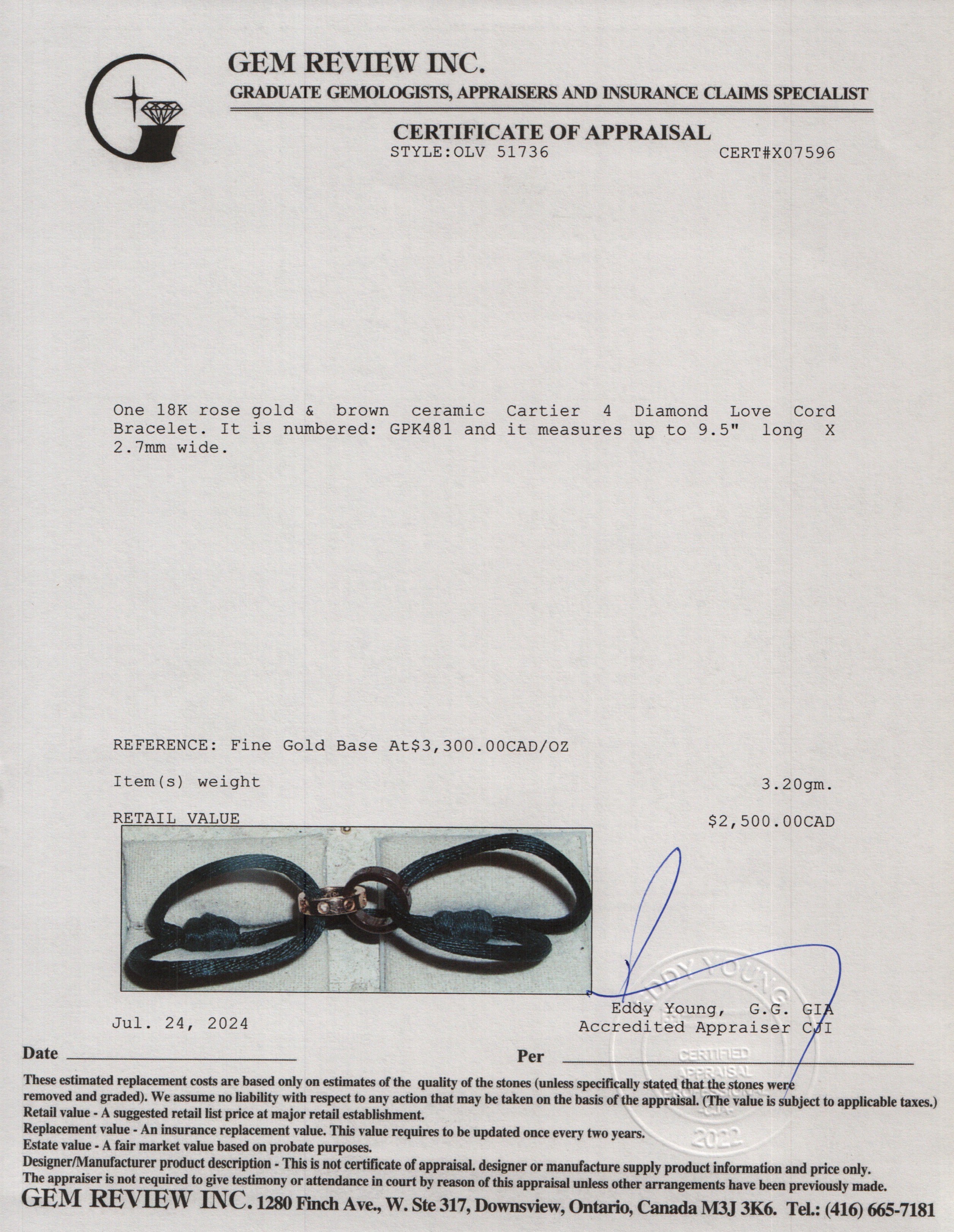 Cartier 18k Rose Gold & Brown Ceramic 4 Diamond Love Cord Bracelet w/ Box & Authenticity Card