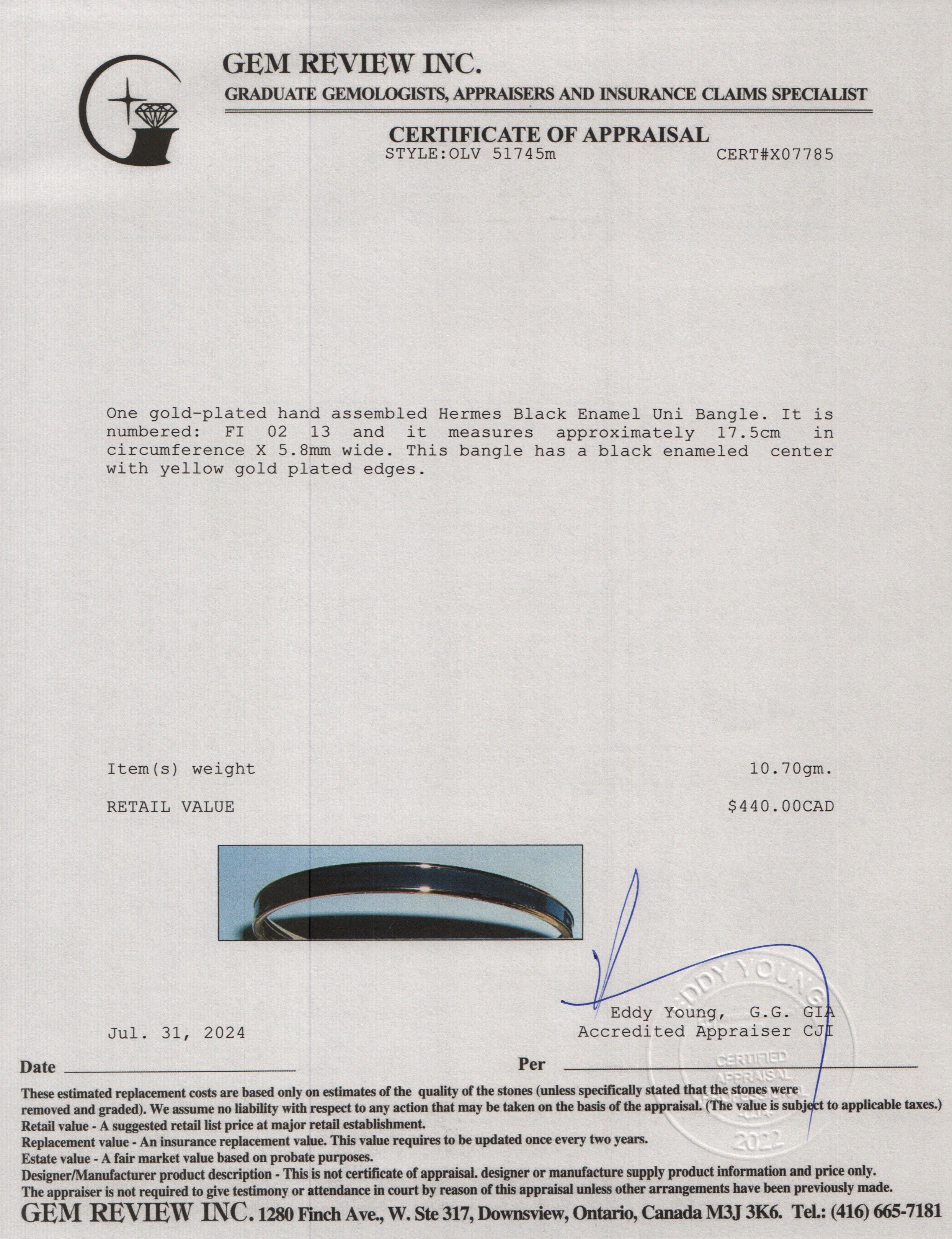 Hermes Gold-Plated Black Enamel Uni Bangle w/ Box