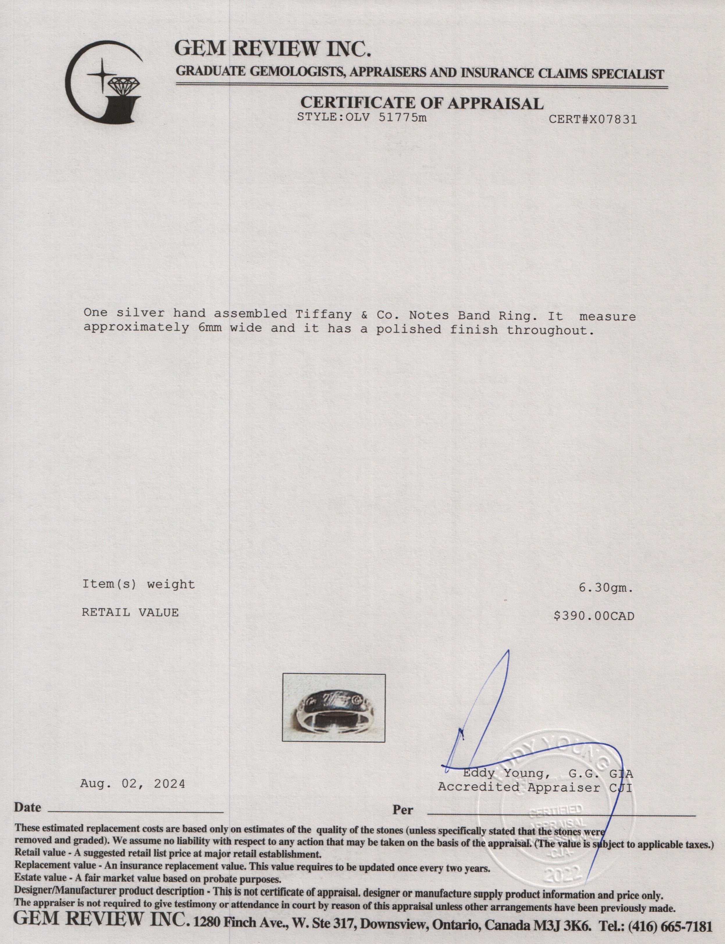 Tiffany & Co. Sterling Silver Notes 6MM Band Ring