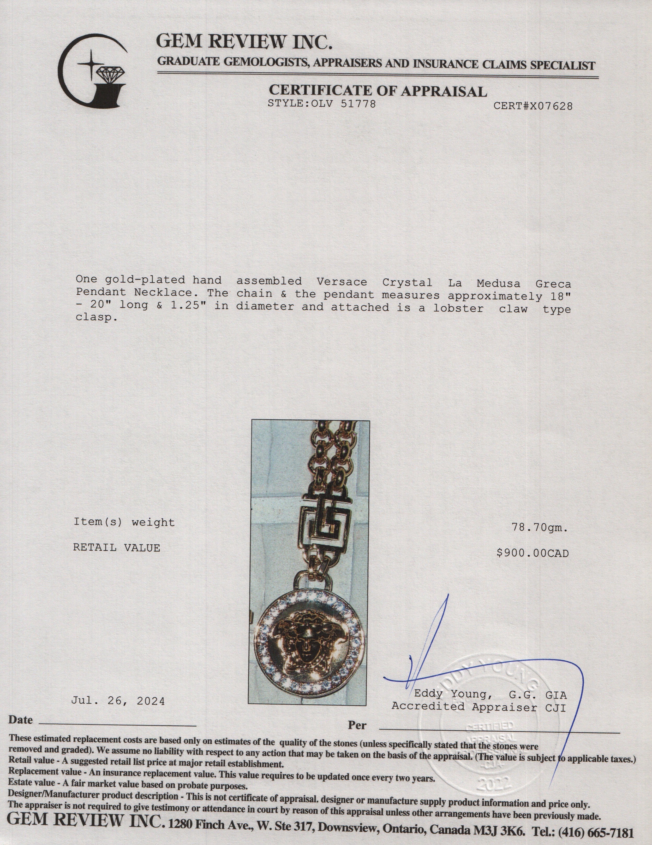 Versace Gold Plated Crystal La Medusa Greca Pendant Necklace w/ Box