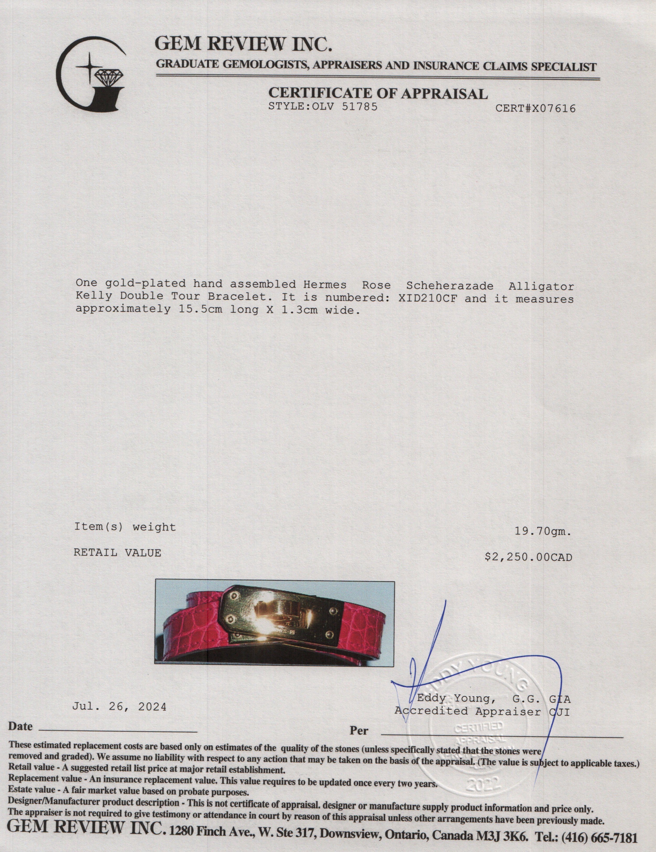 Hermes Gold Plated Rose Scheherazade Alligator Kelly Double Tour Bracelet, Size S w/ Box