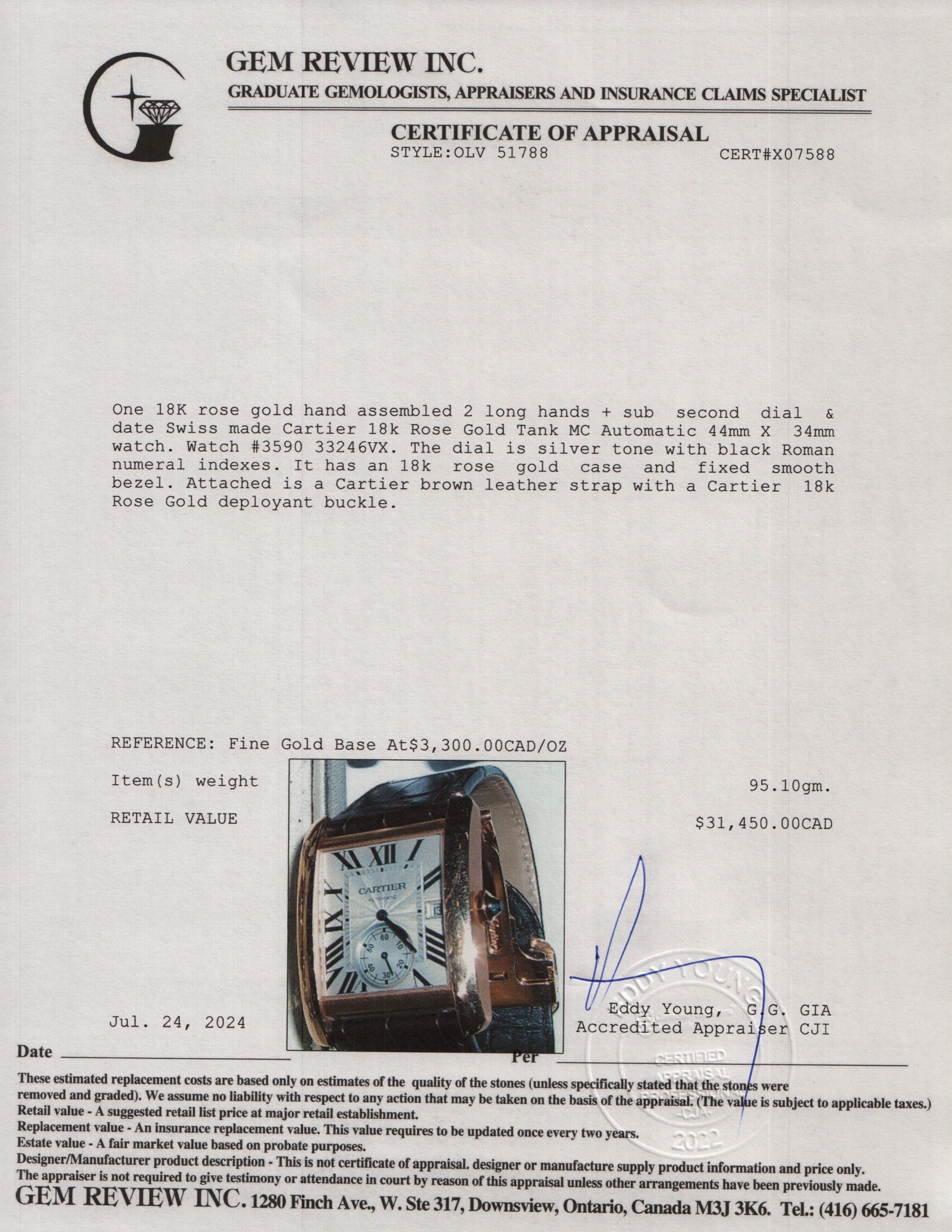 Cartier 18k Rose Gold Tank MC Automatic Watch 3590