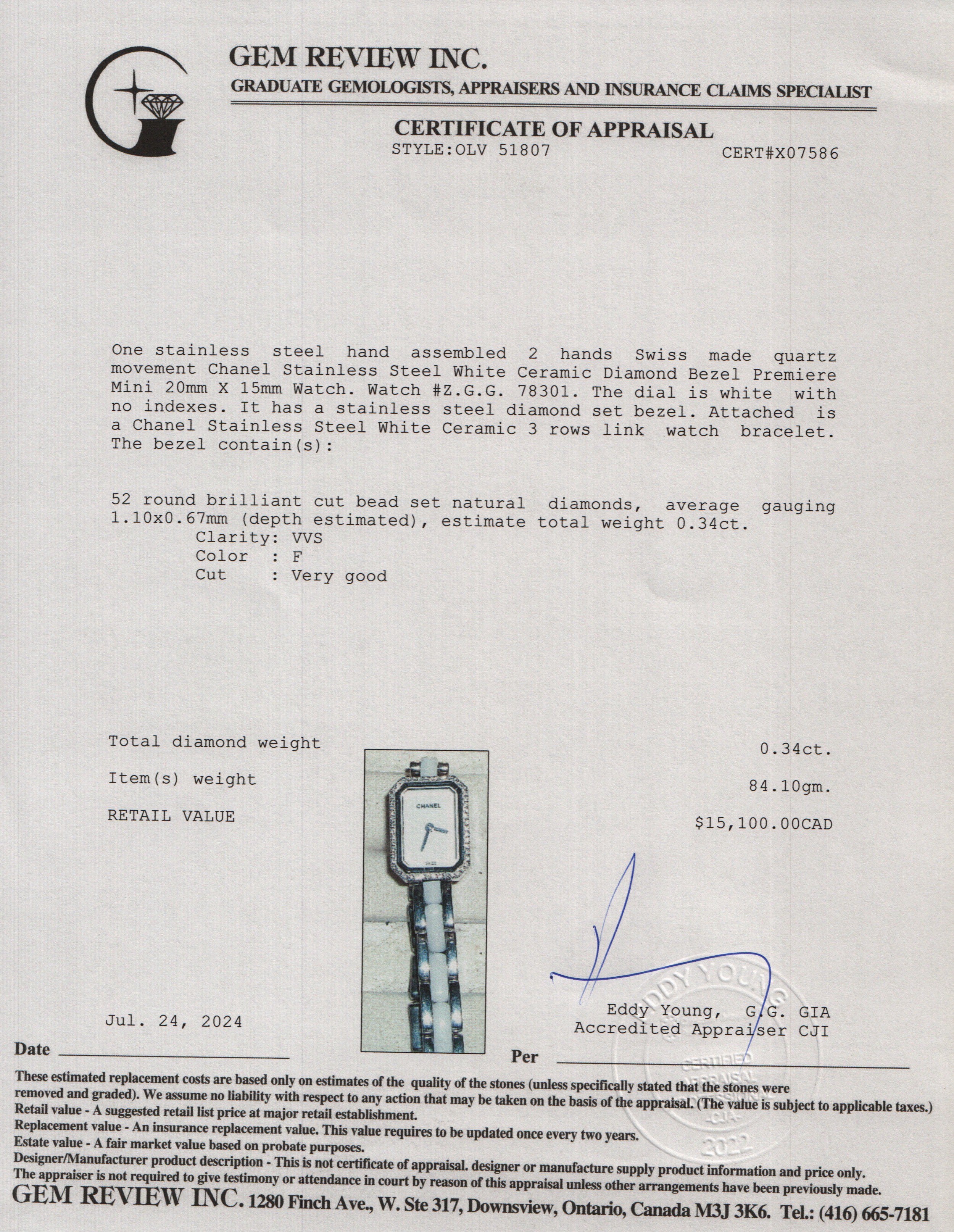 Chanel Stainless Steel White Ceramic Diamond Bezel Premiere Mini Watch