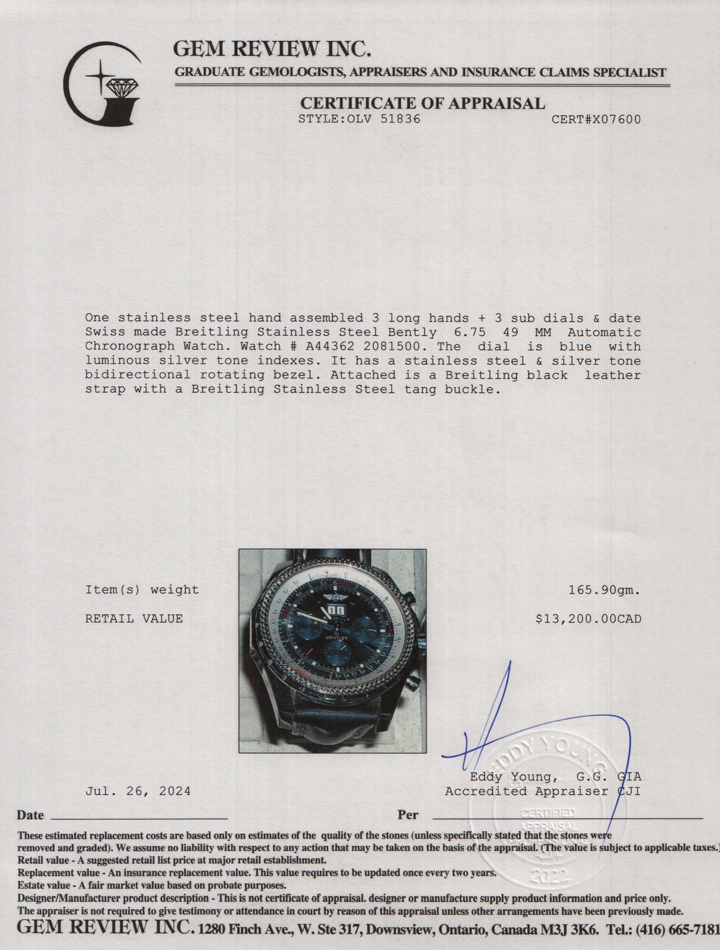 Breitling Stainless Steel Bentley 6.75 49 MM Automatic Chronograph Watch