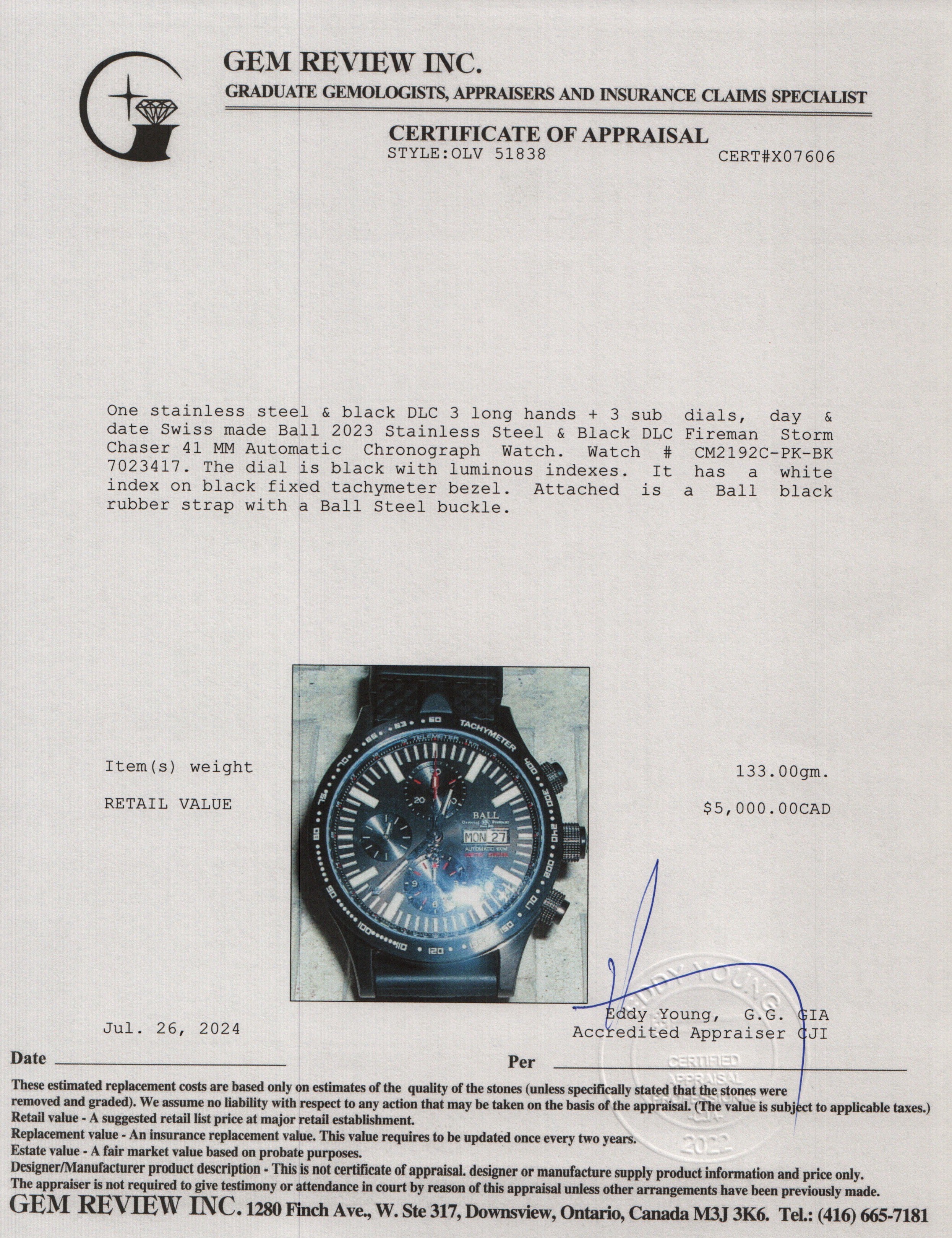 Ball 2023 Stainless Steel & Black DLC Fireman Storm Chaser 41 MM Automatic Chronograph Watch w/ Box & Papers