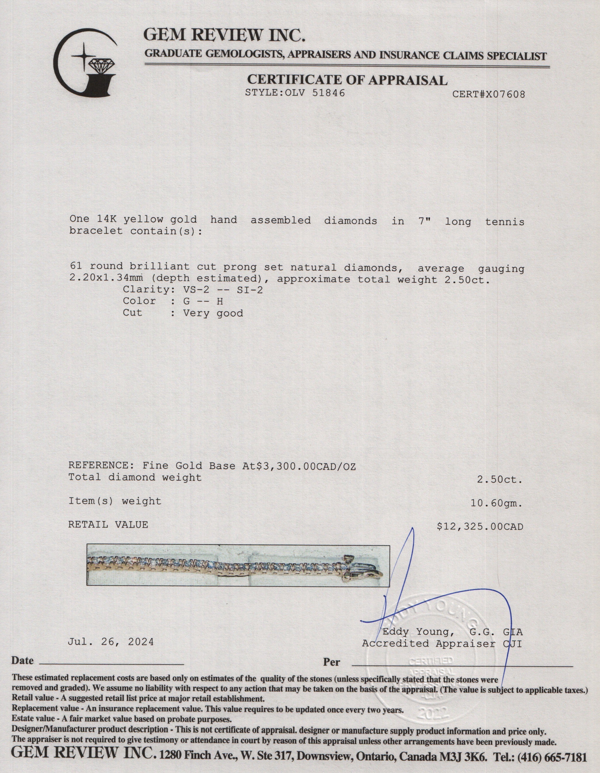 14k Yellow Gold 2.50 tcw. Diamond Tennis Bracelet
