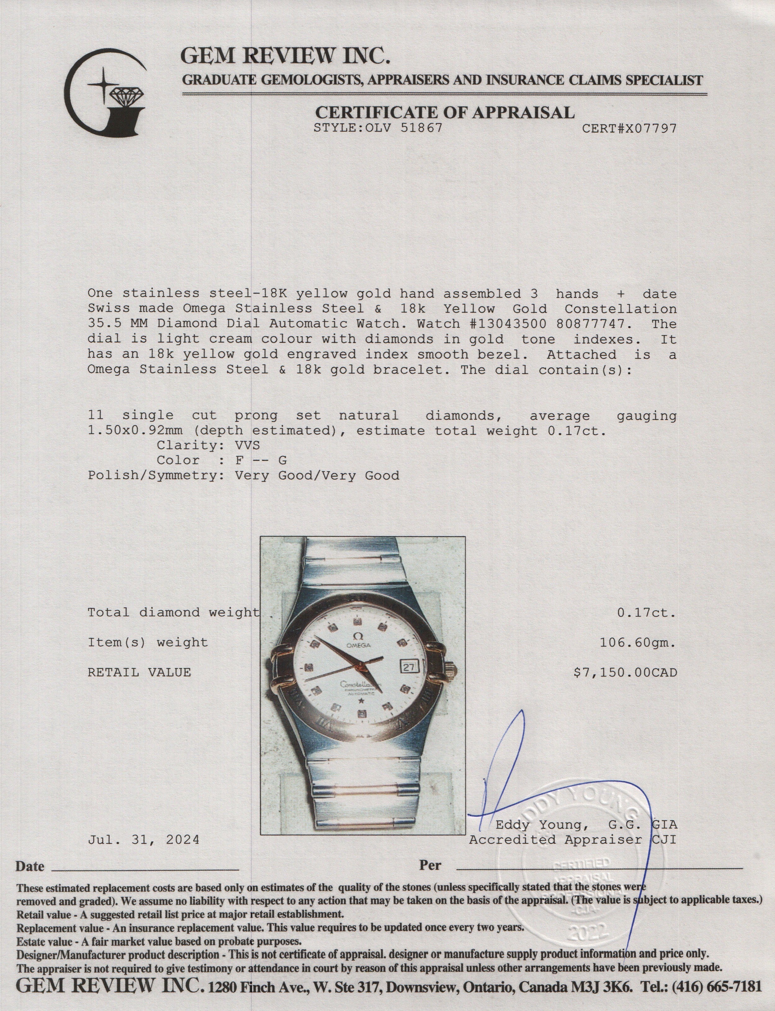 Omega Stainless Steel & 18k Yellow Gold Constellation 35.5 MM Diamond Dial Automatic Watch w/ Box & Papers