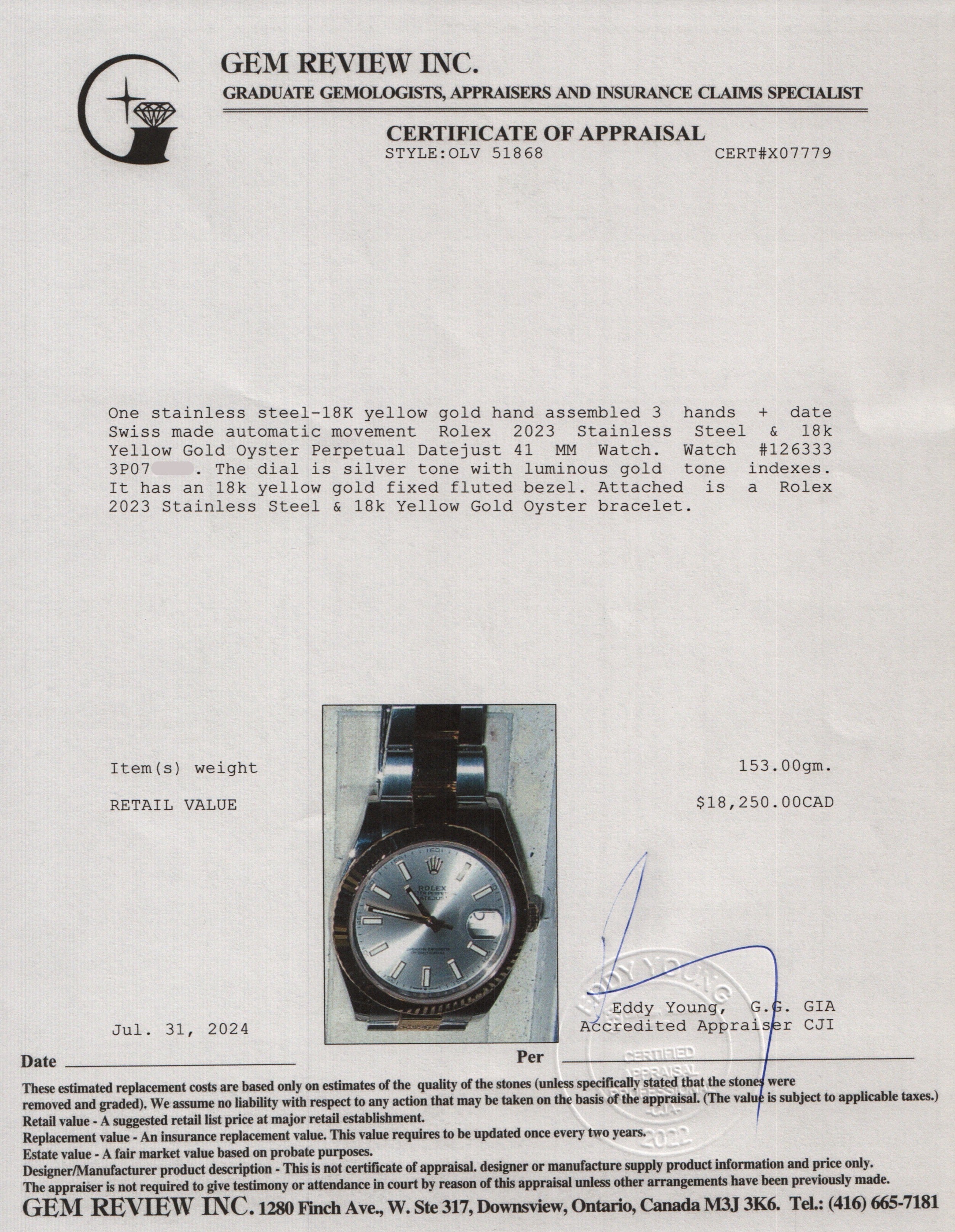 Rolex 2023 Stainless Steel & 18k Yellow Gold Oyster Perpetual Datejust 41 MM Watch 126333 w/ Box & Papers