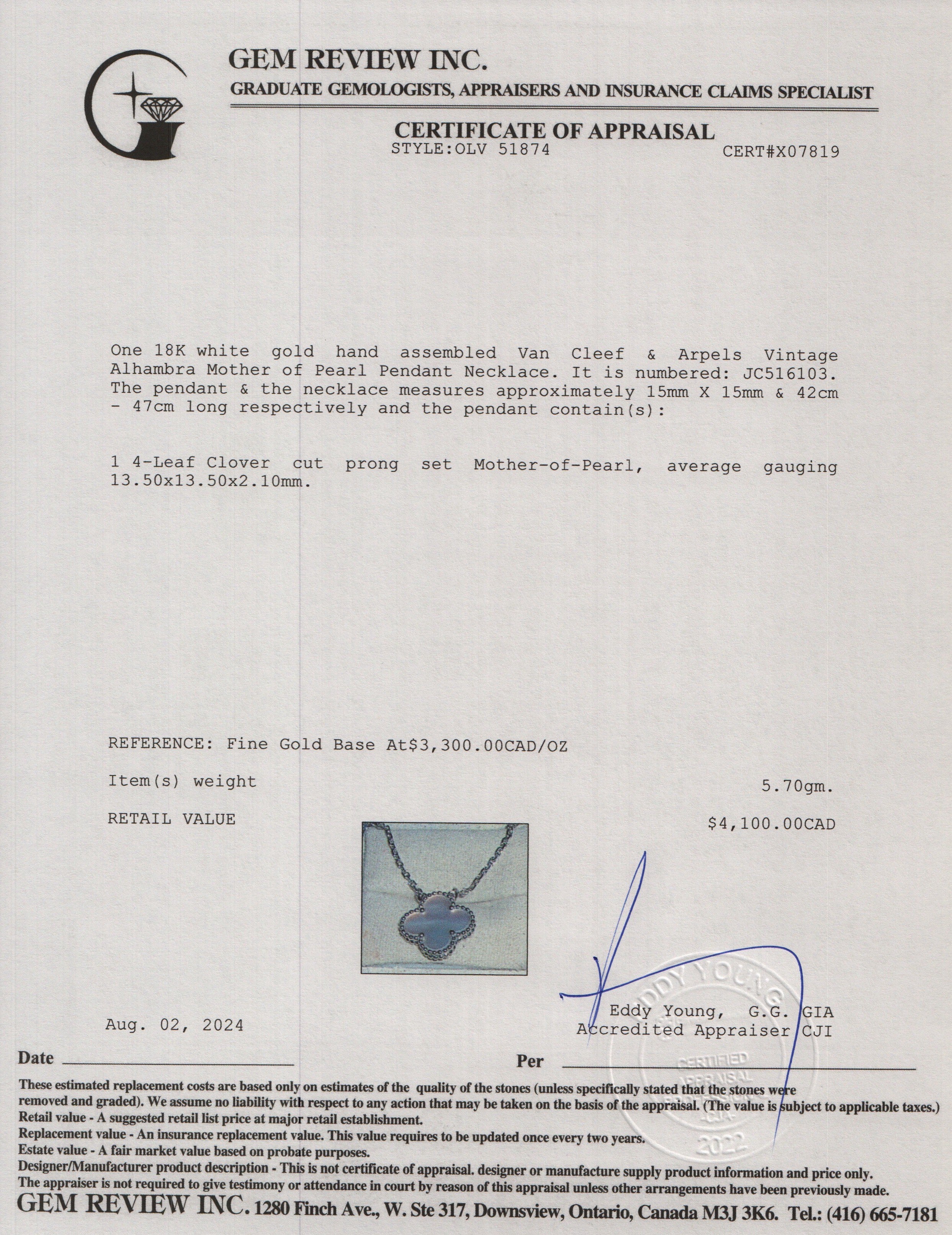 Van Cleef & Arpels 18k White Gold Vintage Alhambra Mother of Pearl Pendant Necklace w/ Box & Certificate