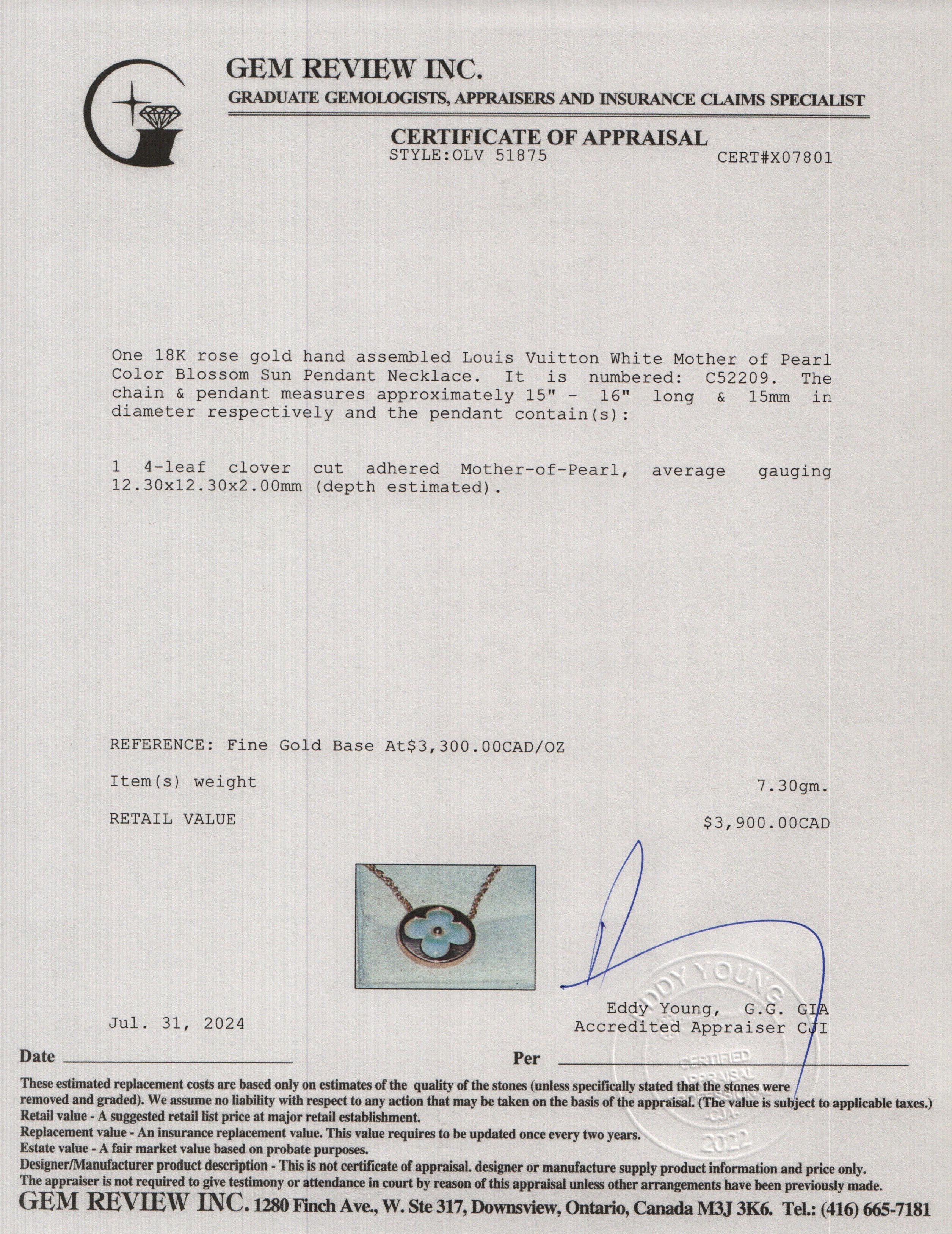 Louis Vuitton 18k Rose Gold & White Mother of Pearl Color Blossom Sun Pendant Necklace w/ Box