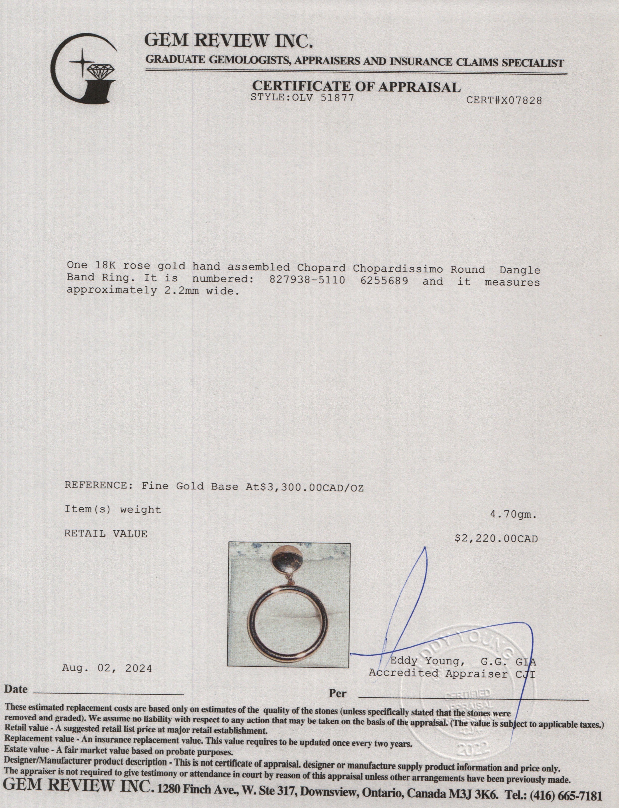 Chopard 18k Rose Gold Chopardissimo Round Dangle Band Ring, Size 6.5