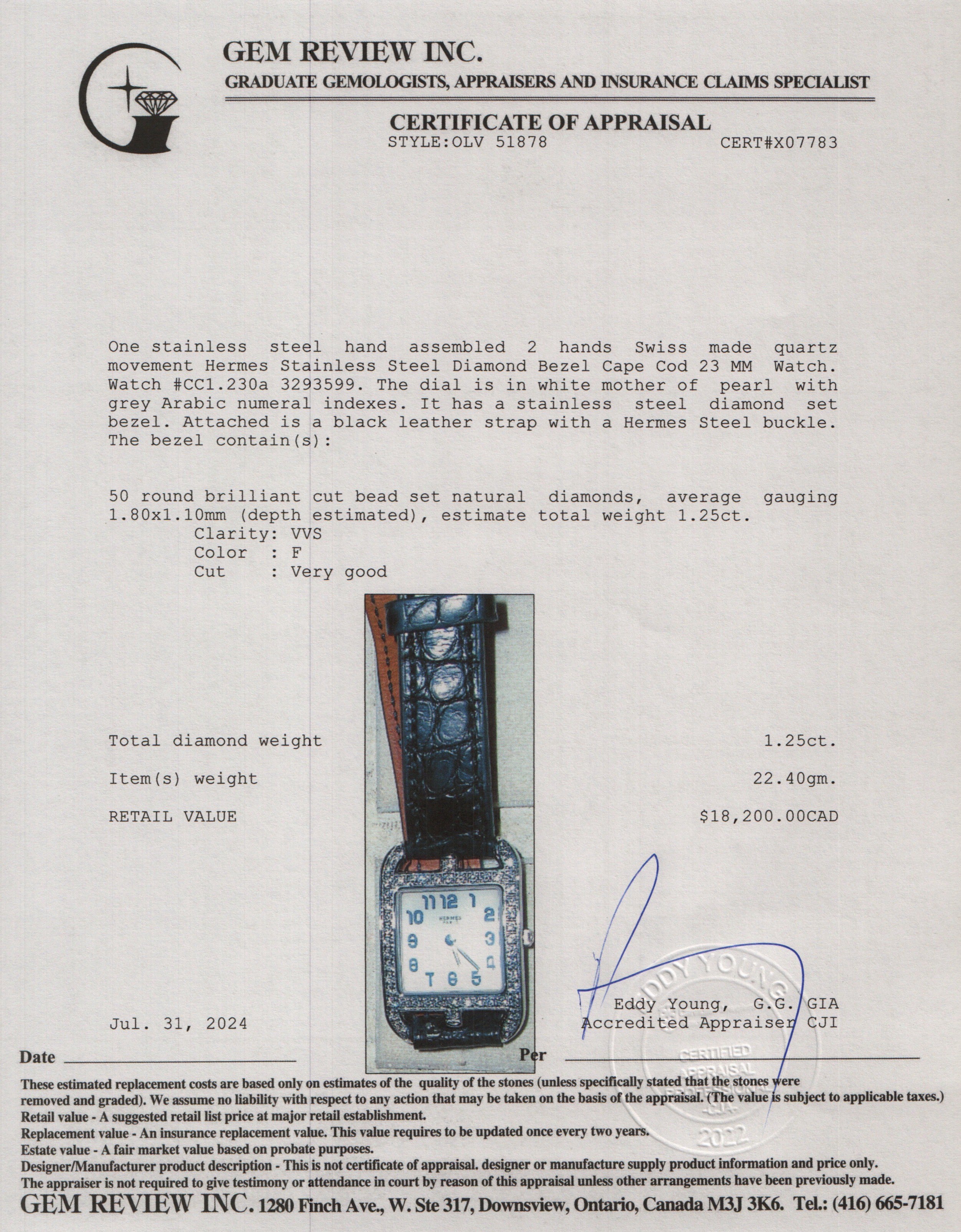 Hermes Stainless Steel Diamond Bezel Cape Cod 23 MM Watch