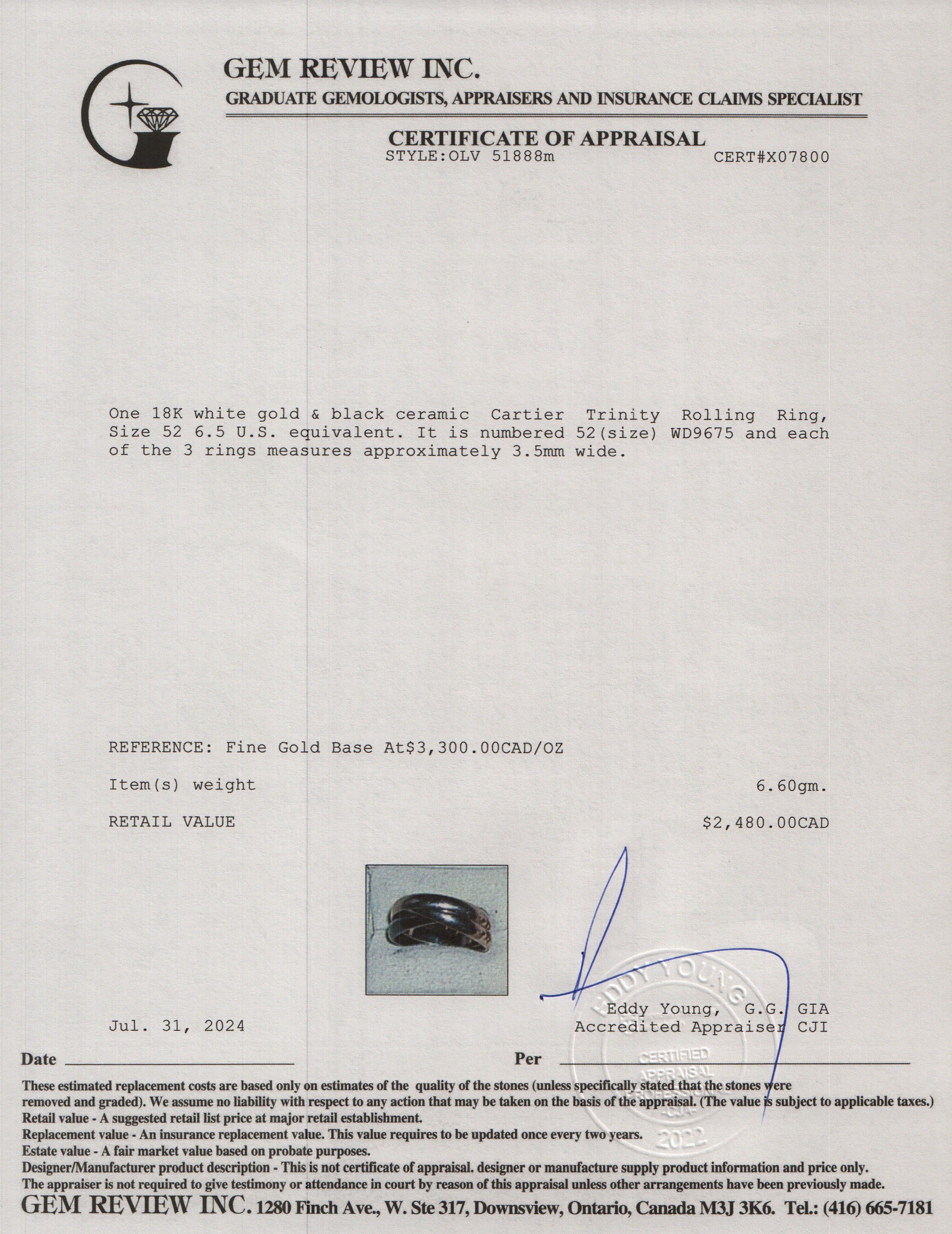 Cartier 18k White Gold & Black Ceramic Trinity Rolling Ring, Size 52 6.5