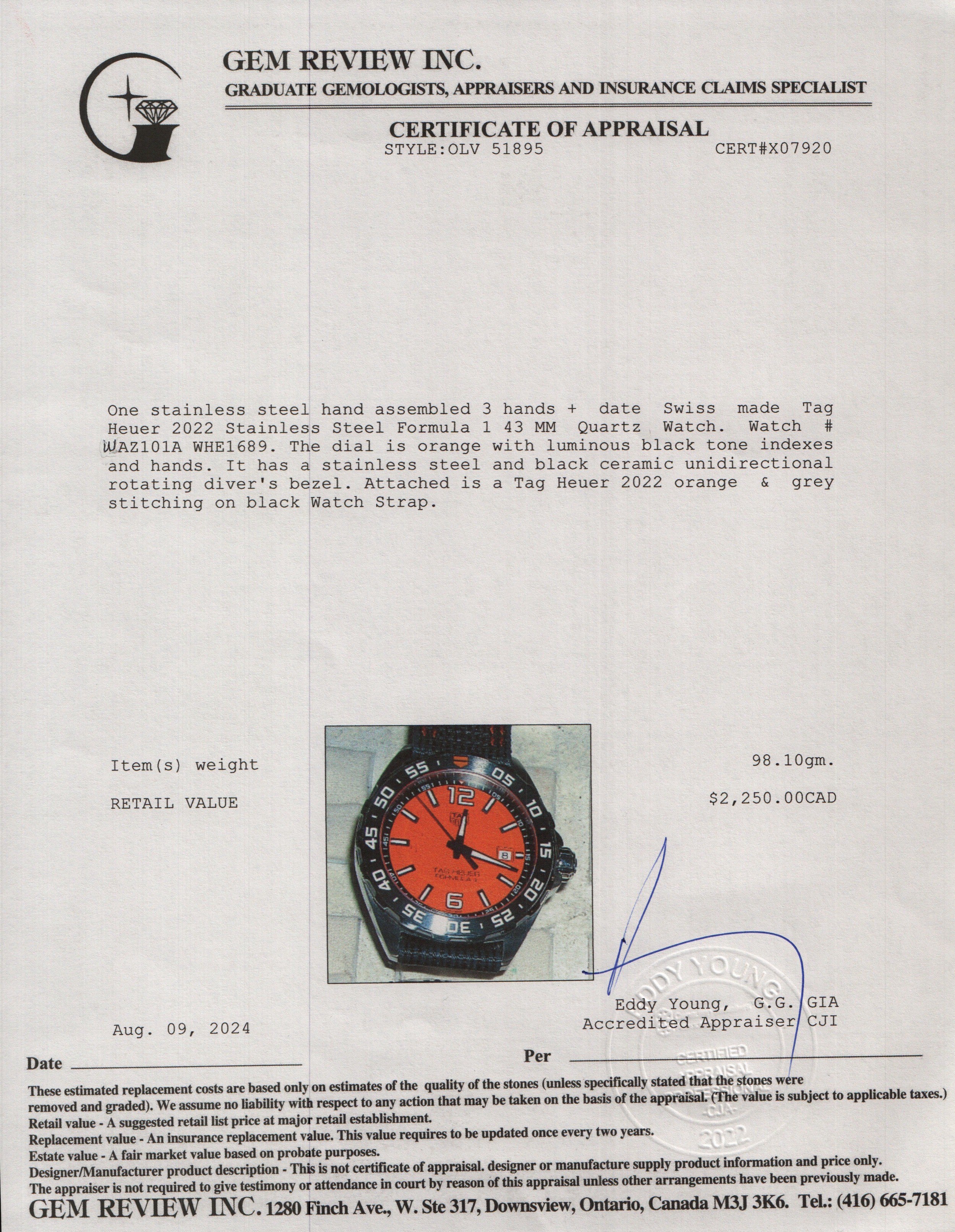 Tag Heuer 2022 Stainless Steel Formula 1 43 MM Quartz Watch WAZ101A w/ Box & Papers